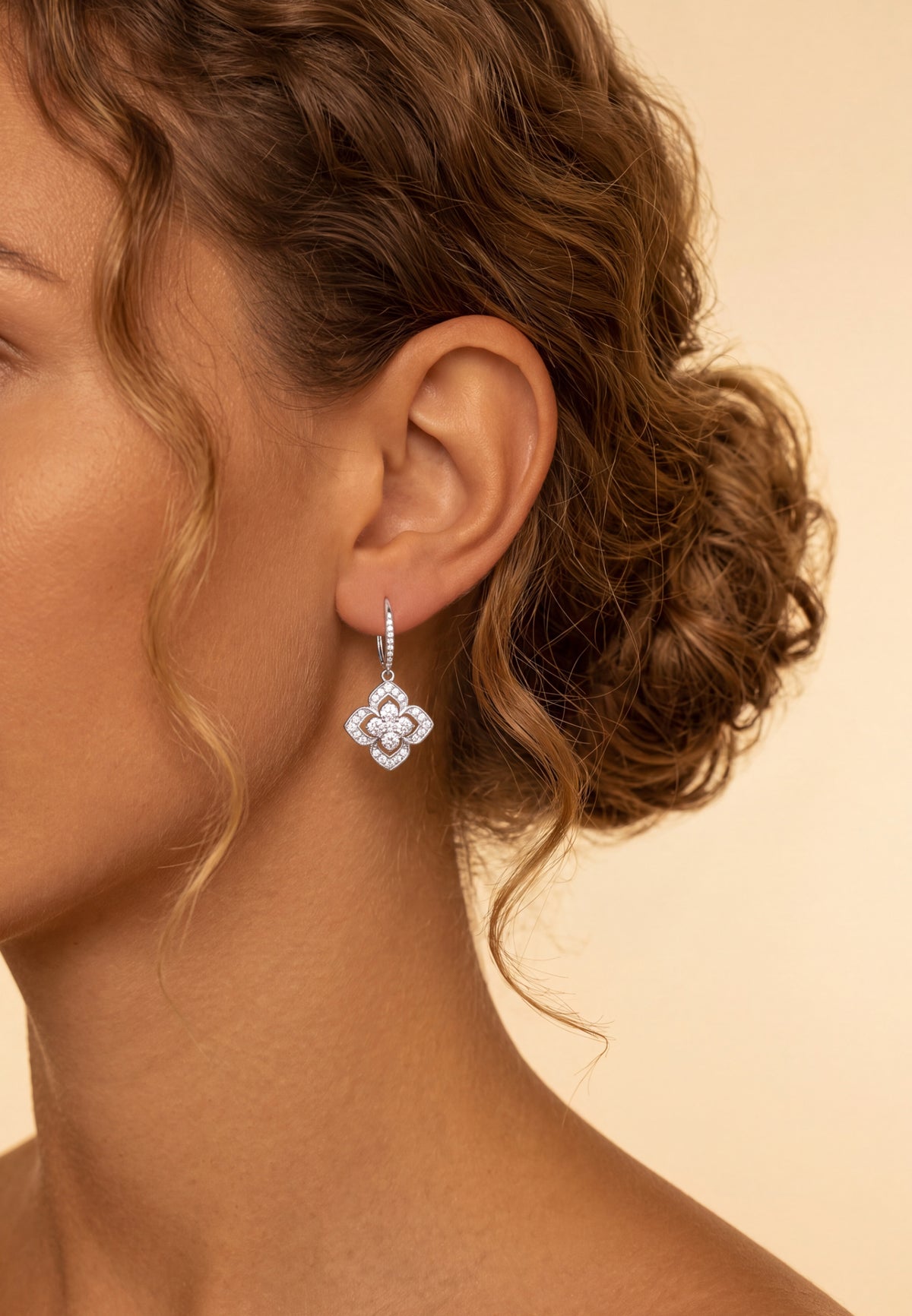 Pointed Cz Clover Flower Drop Earrings Silver