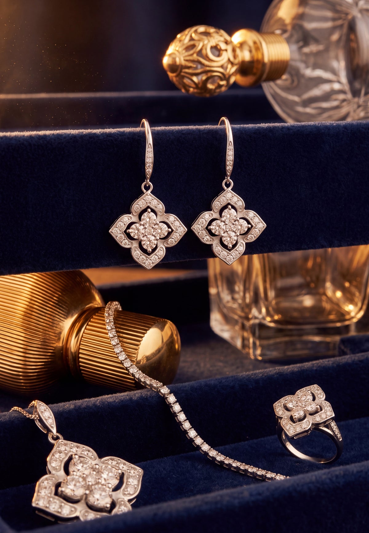 Pointed Cz Clover Flower Drop Earrings Silver