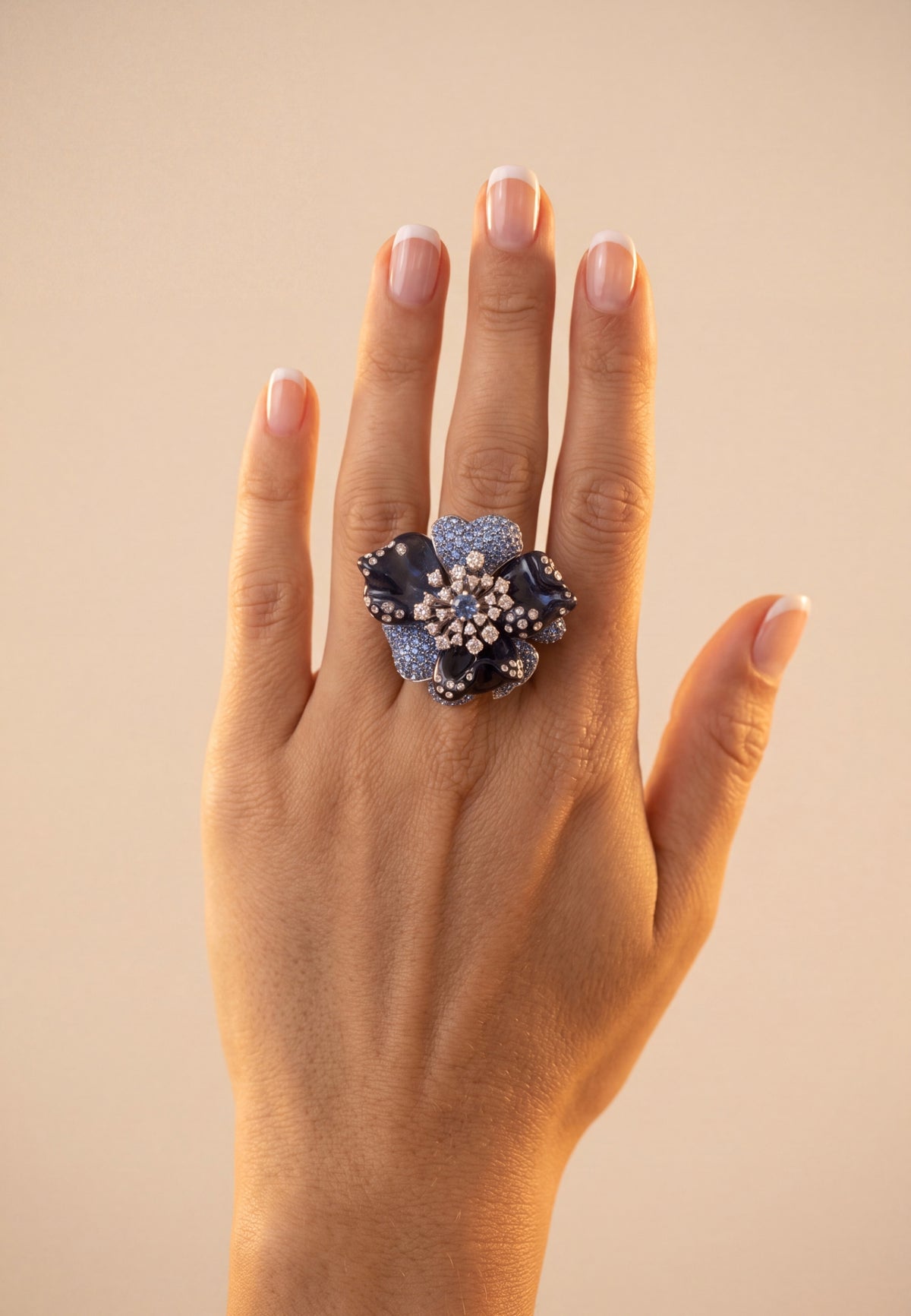 Blue Orchid Flower Cocktail Ring Silver