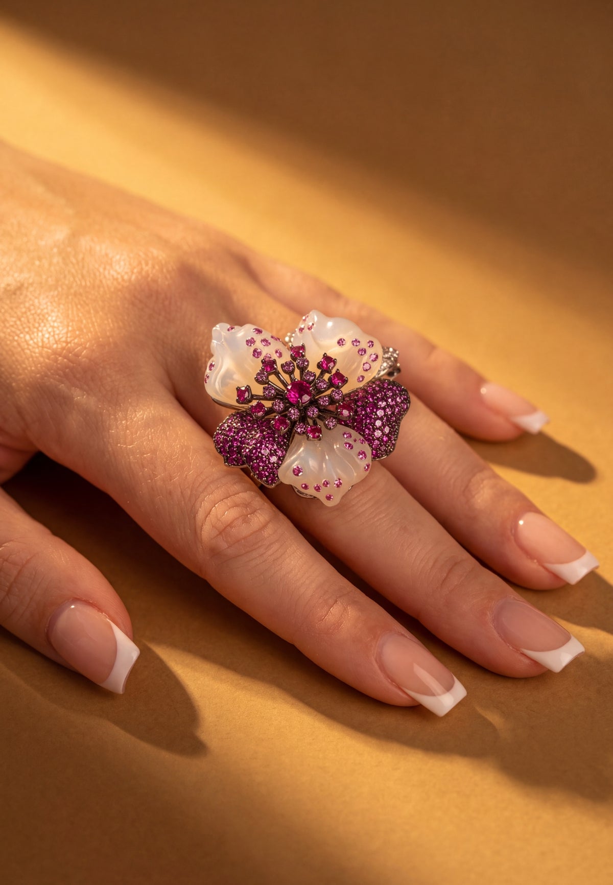 White Jade Ruby Rose Flower Cocktail Ring Silver
