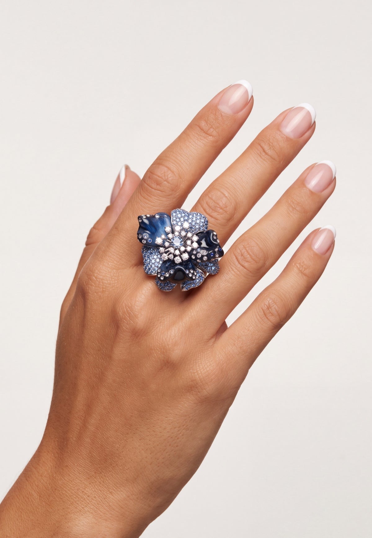 Blue Orchid Flower Cocktail Ring Silver