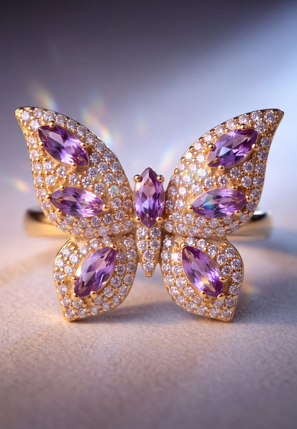 Pandora Butterfly Cocktail Ring Amethyst Gold