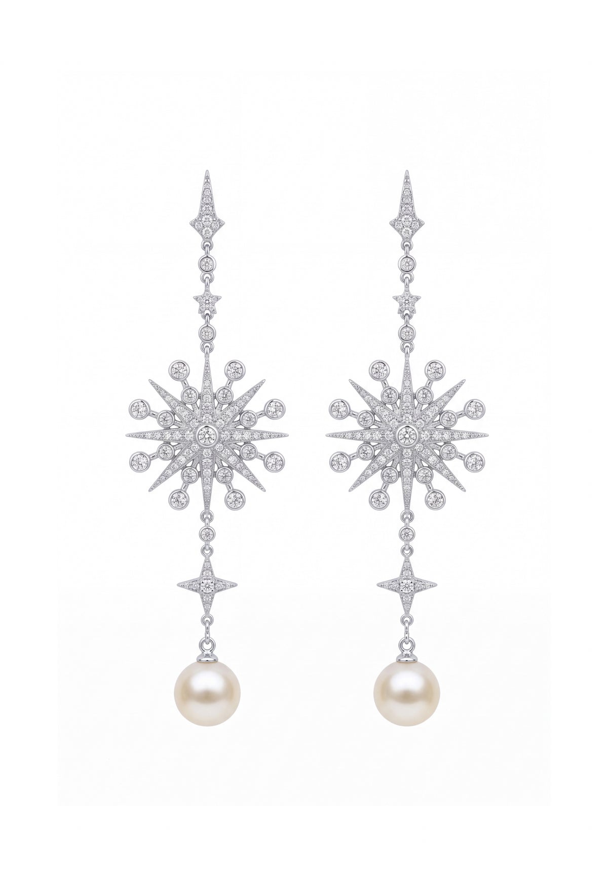 Elegant diamond starburst drop earrings with hanging white pearls