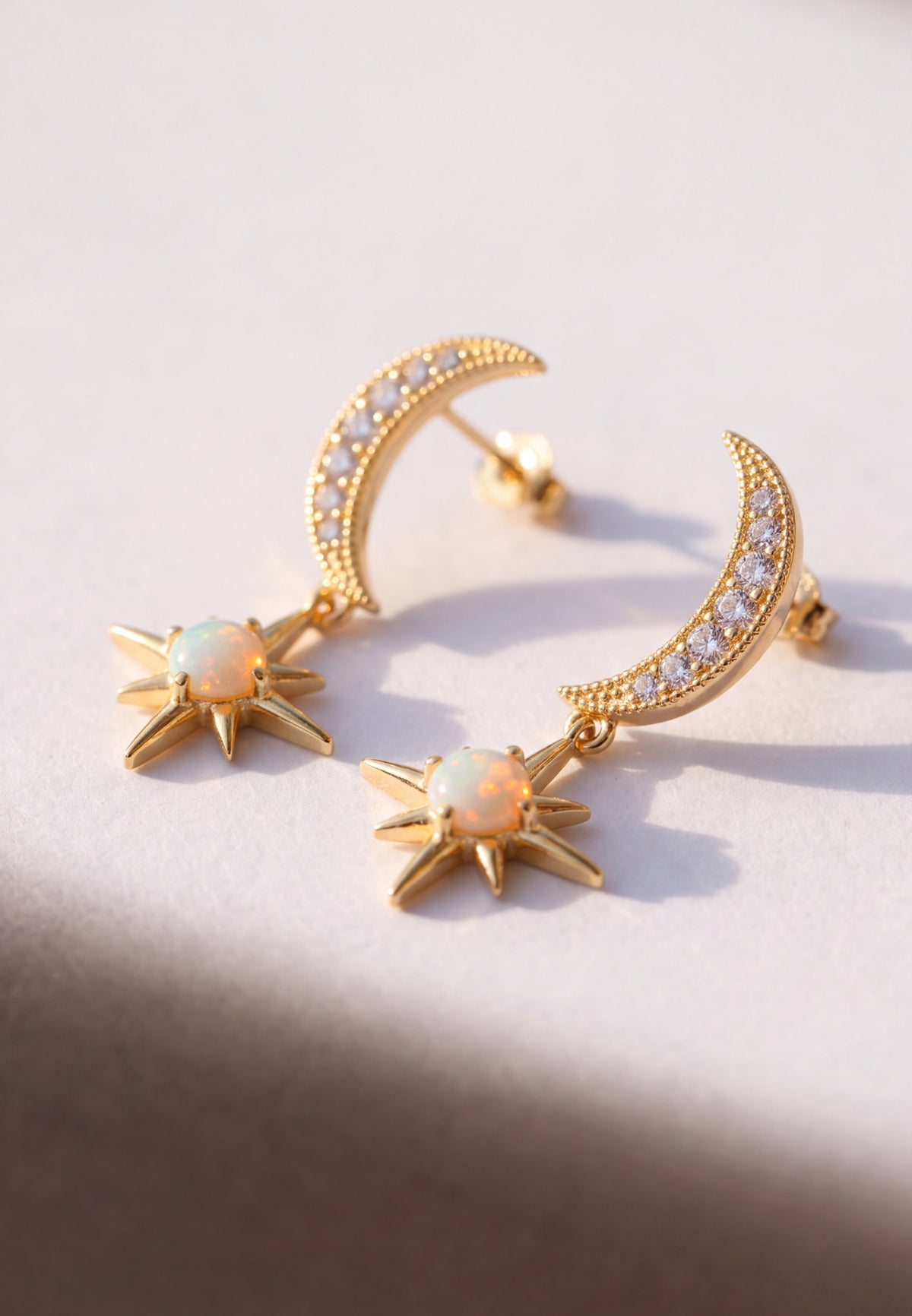 Crescent Moon And Starburst White Opal Drop Earrings Gold