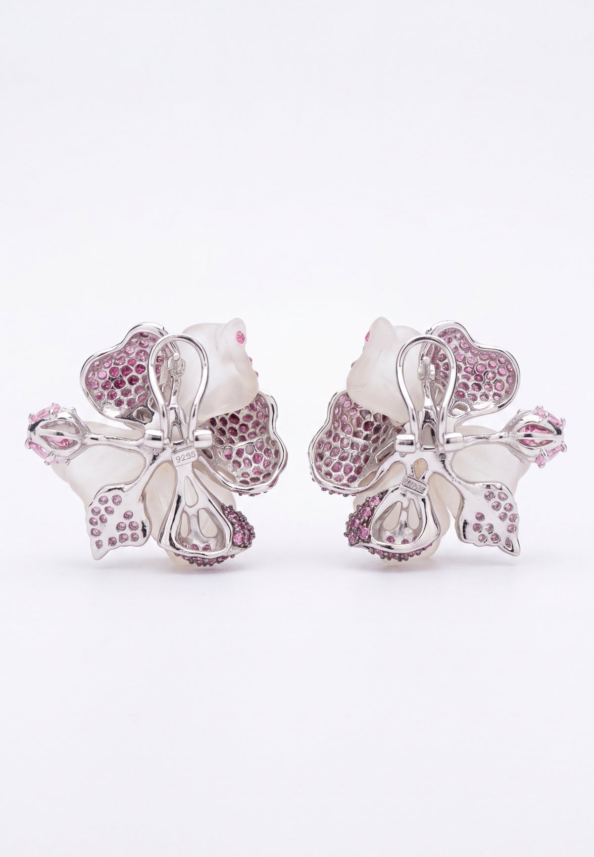 White Jade Ruby Rose Flower Stud Earrings Silver