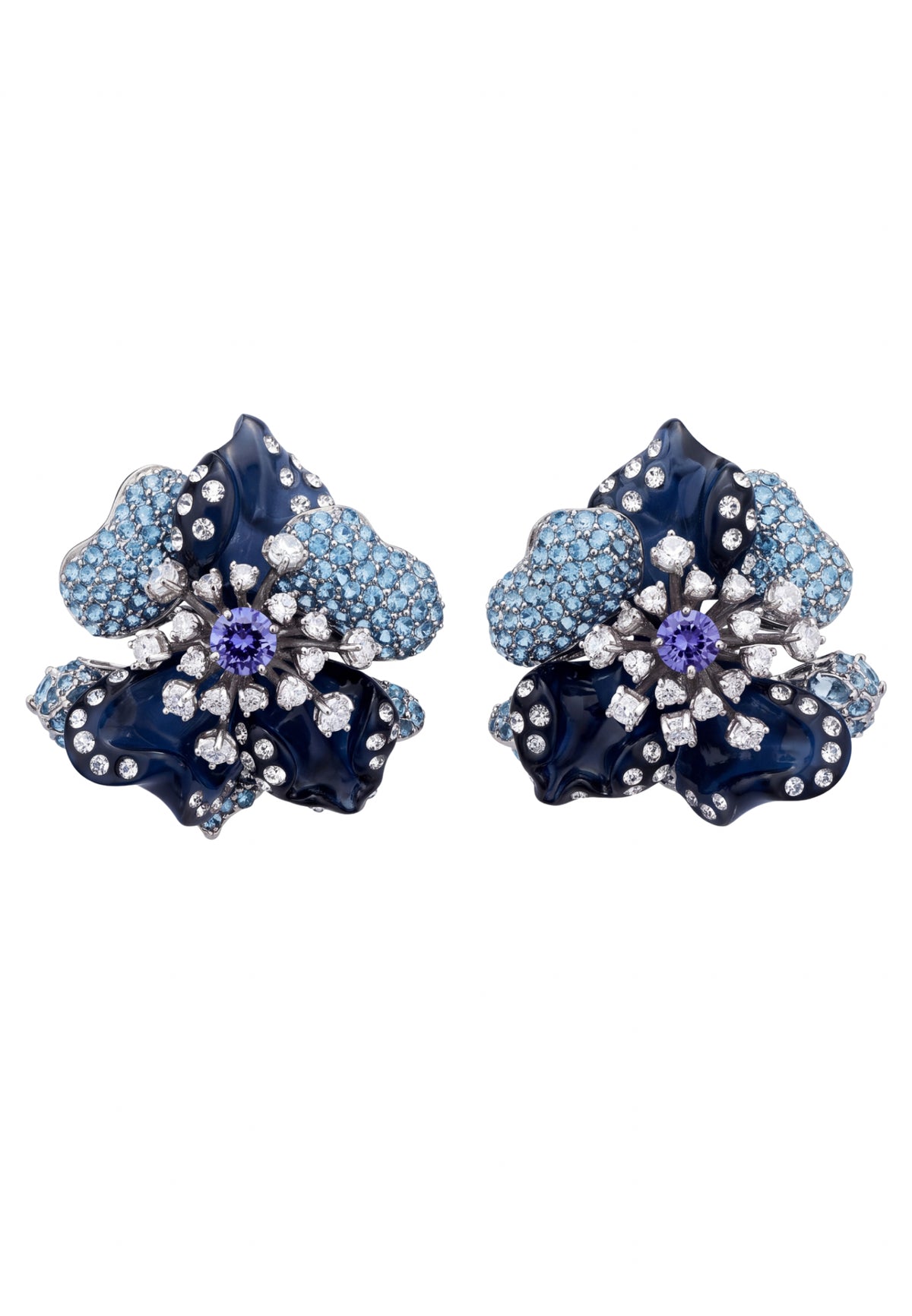 Blue Orchid Flower Stud Earrings Silver