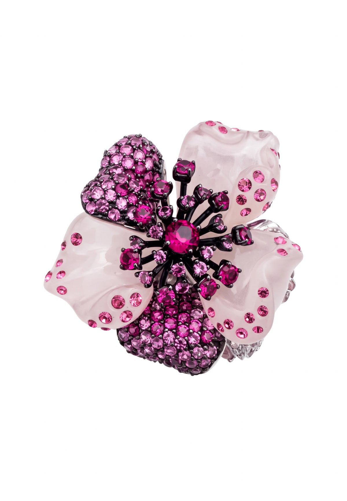 White Jade Ruby Rose Flower Cocktail Ring Silver