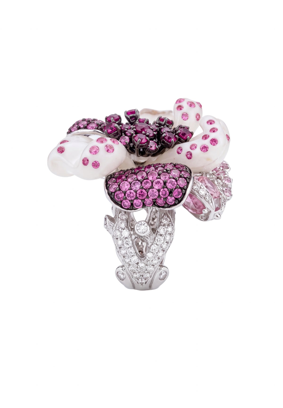 White Jade Ruby Rose Flower Cocktail Ring Silver