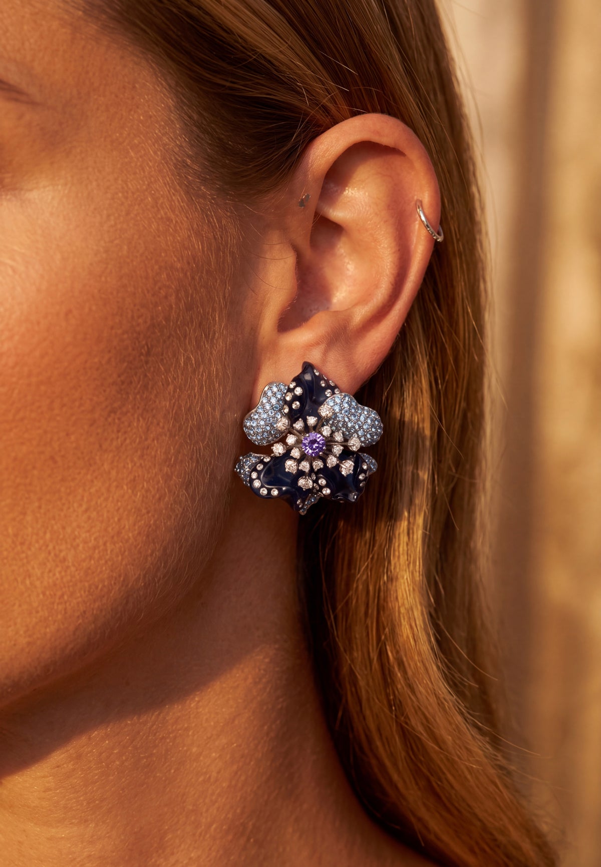 Blue Orchid Flower Stud Earrings Silver