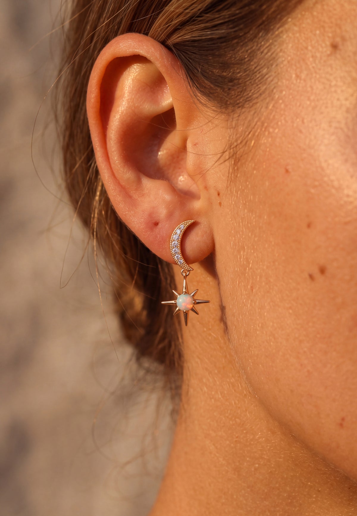 Crescent Moon And Starburst White Opal Drop Earrings Gold