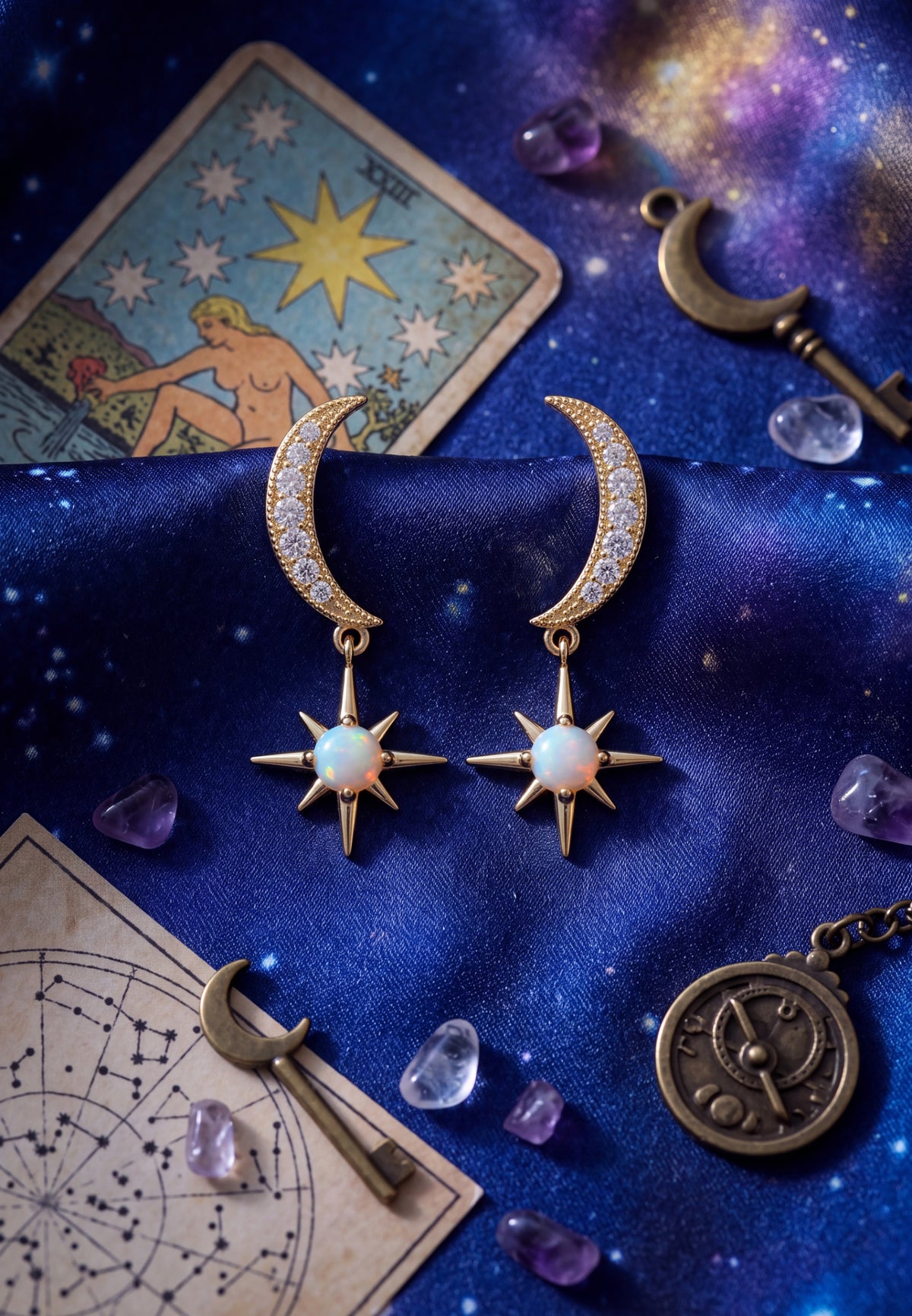 Crescent Moon And Starburst White Opal Drop Earrings Gold