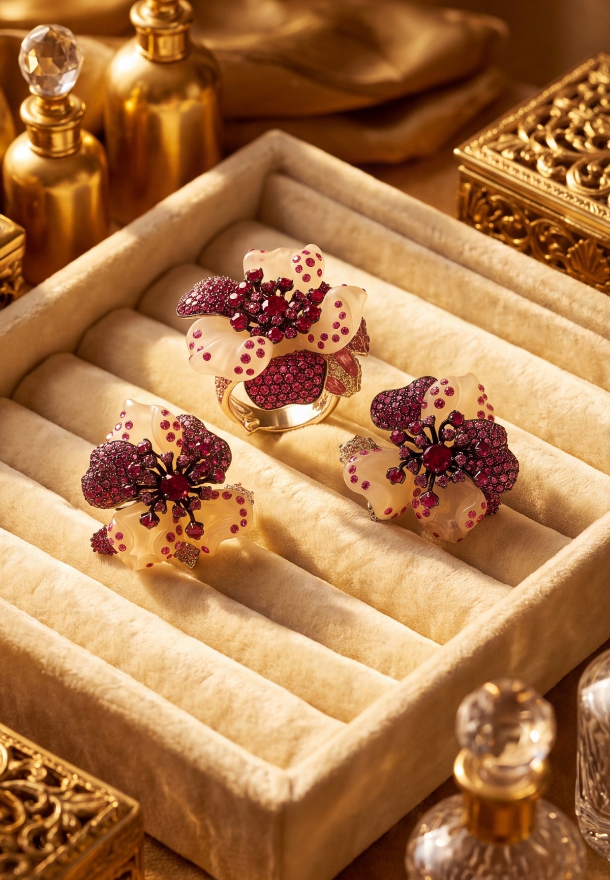 White Jade Ruby Rose Flower Cocktail Ring Silver