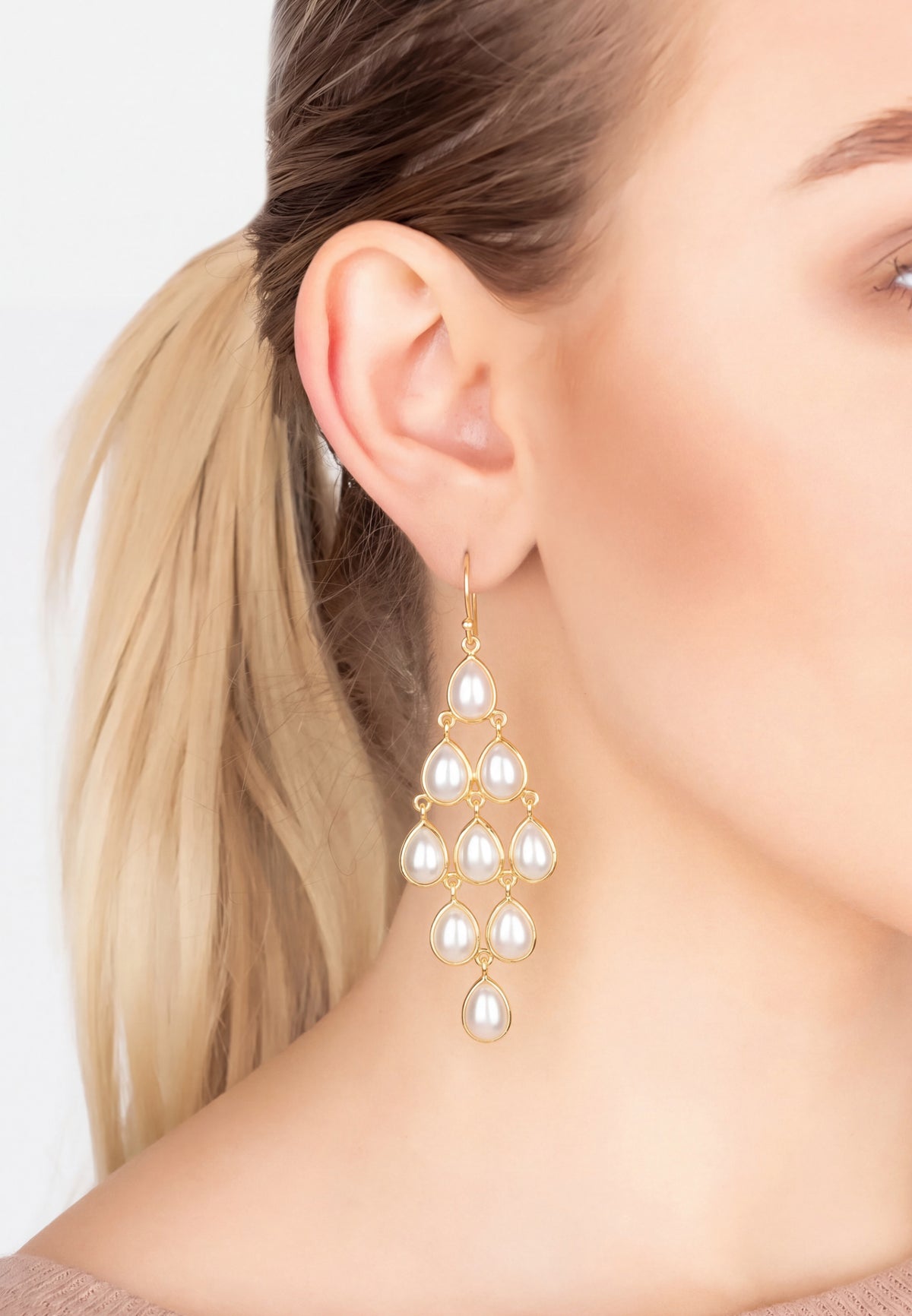 Erviola Gemstone Cascade Earrings Gold Pearl