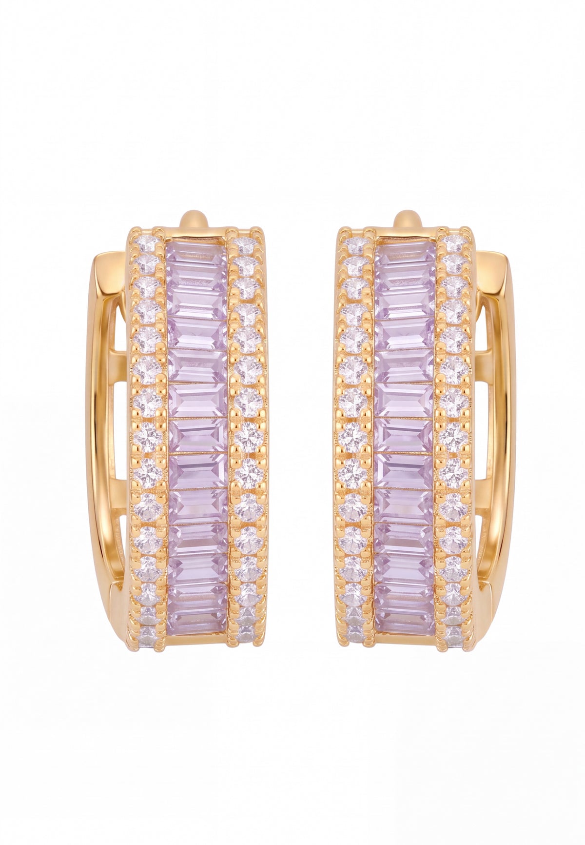 Baguette Huggie Hoop Earrings Amethyst Lilac Gold
