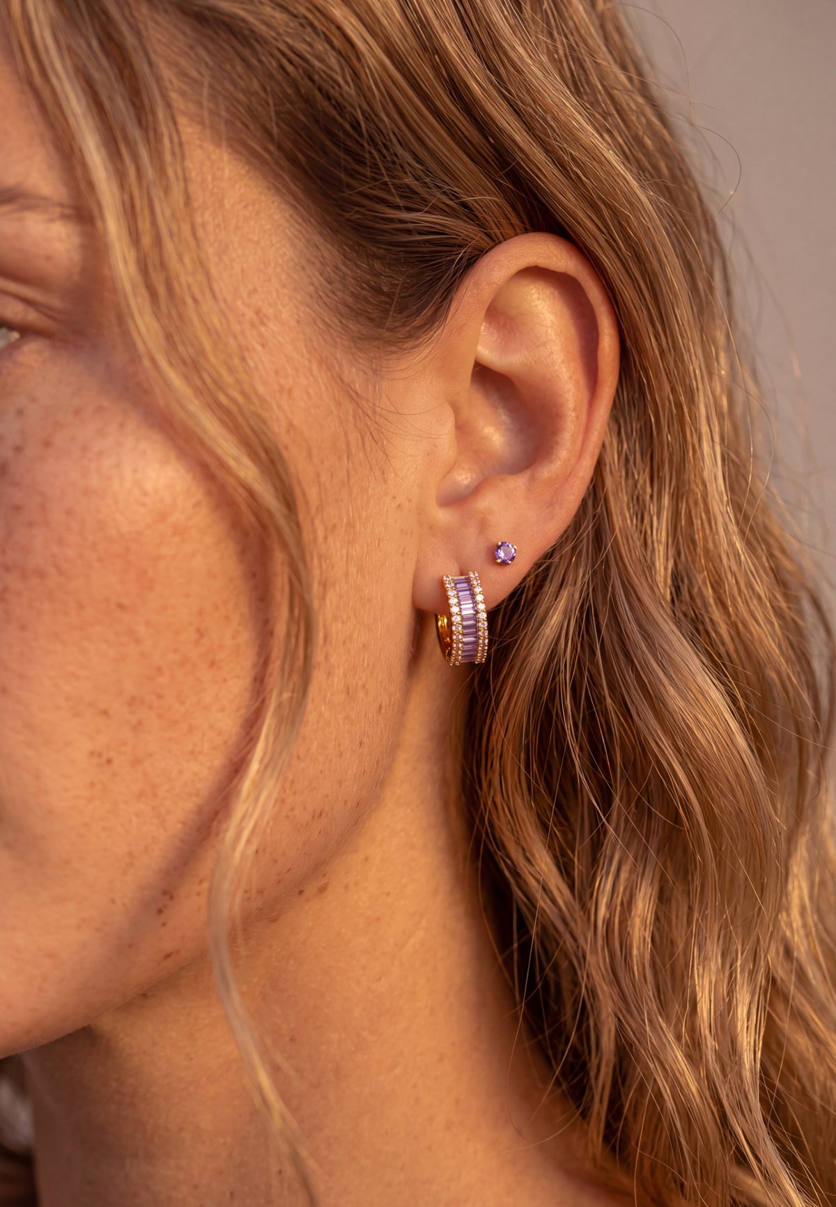 Baguette Huggie Hoop Earrings Amethyst Lilac Gold