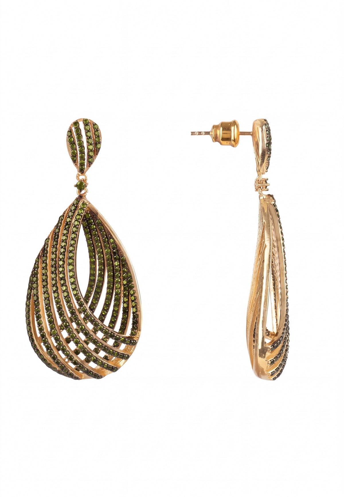 Vortex Teardrop Earrings Peridot Green Gold