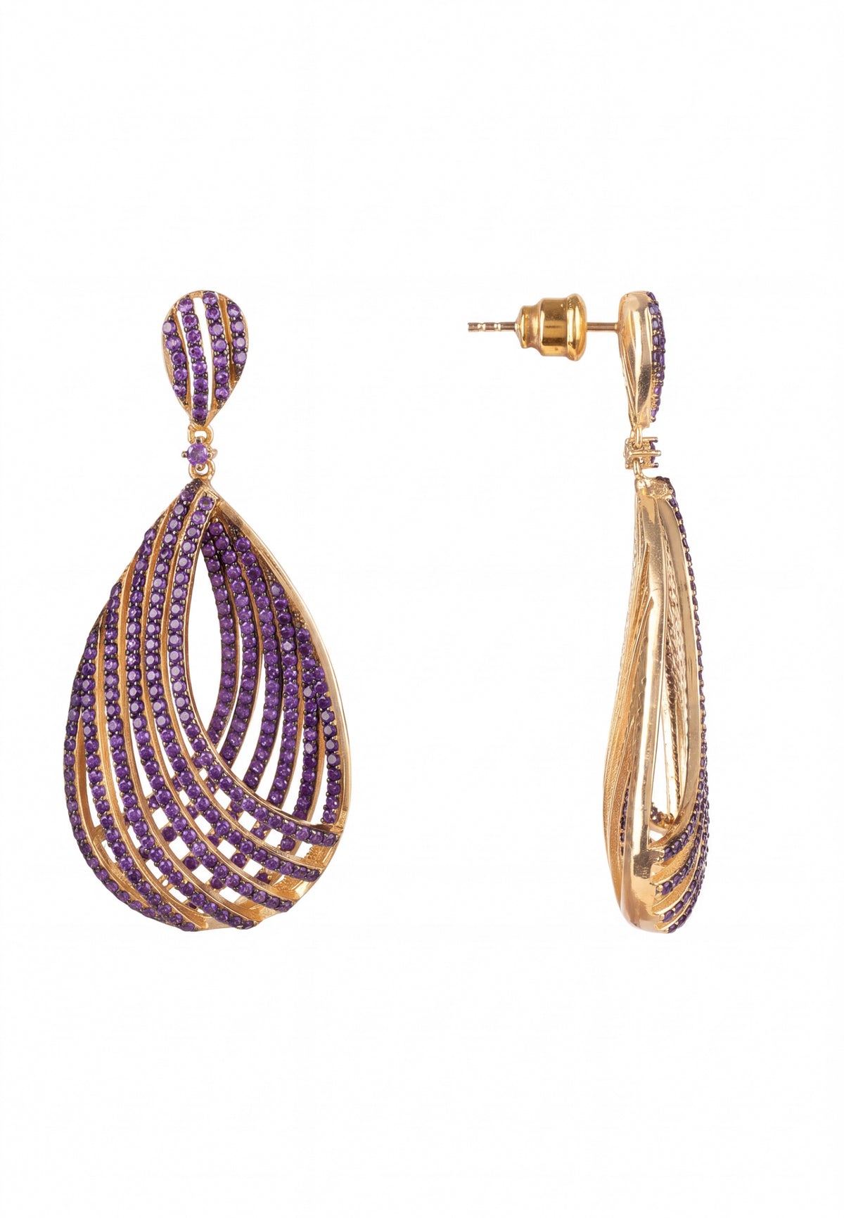 Vortex Teardrop Earrings Amethyst Purple Gold