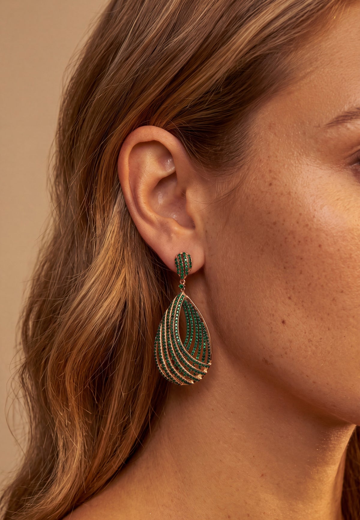 Vortex Teardrop Earrings Emerald Green Gold
