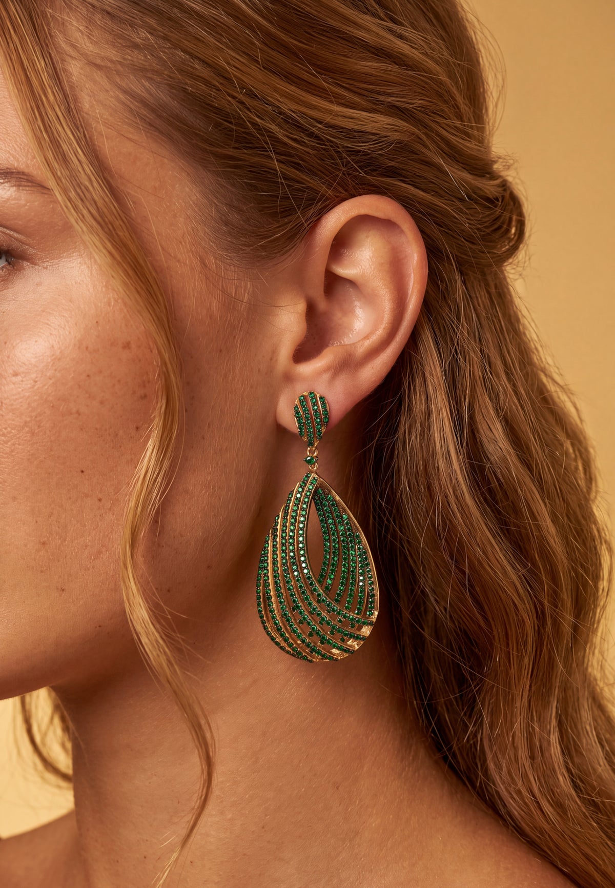 Vortex Teardrop Earrings Emerald Green Gold