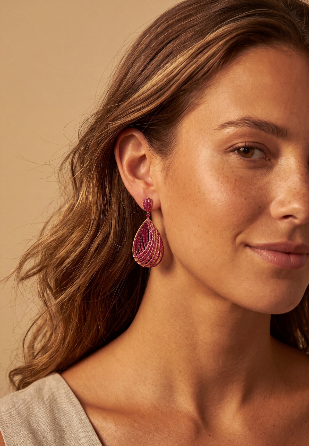 Vortex Teardrop Earrings Ruby Pink Gold