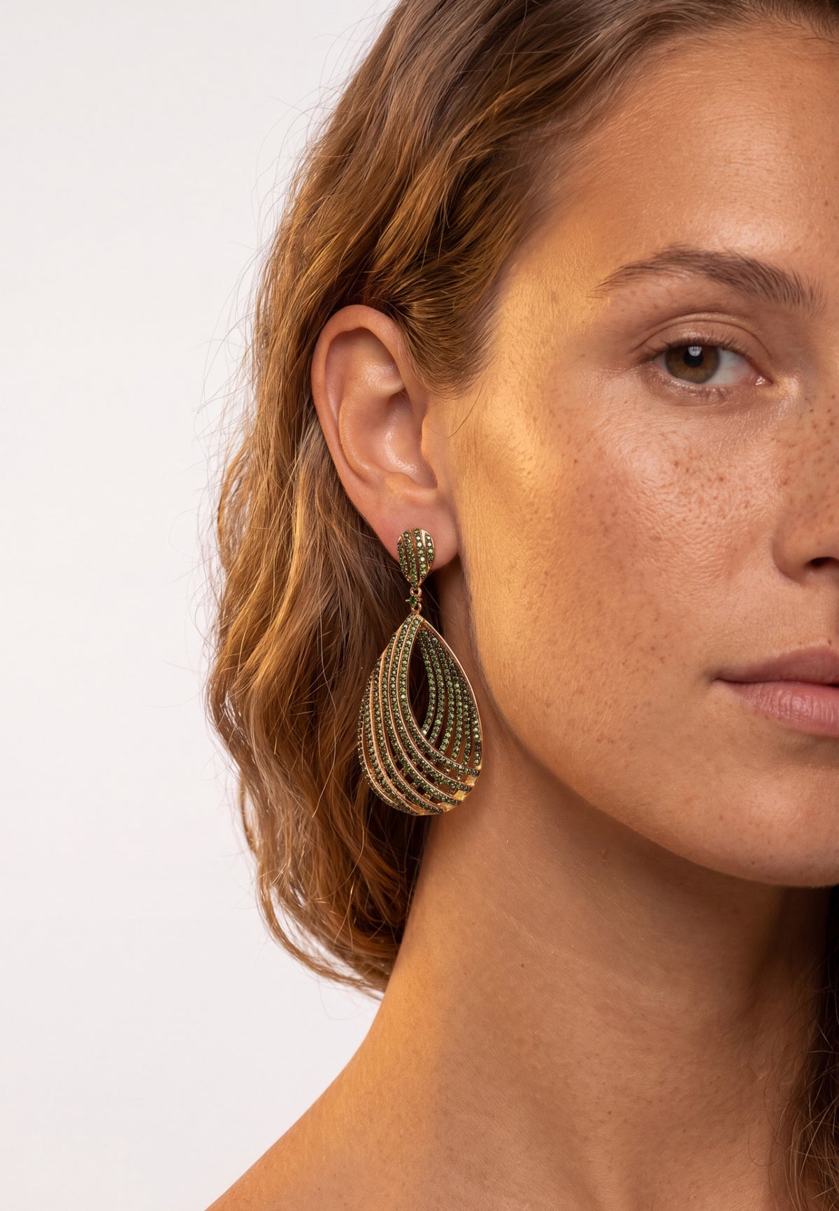 Vortex Teardrop Earrings Peridot Green Gold
