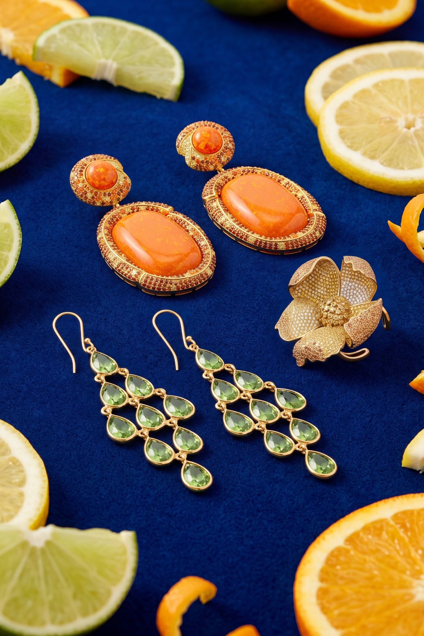 Close-up of Erviola Gemstone Cascade Earrings Gold Peridot, highlighting peridot detailing, gold finish.