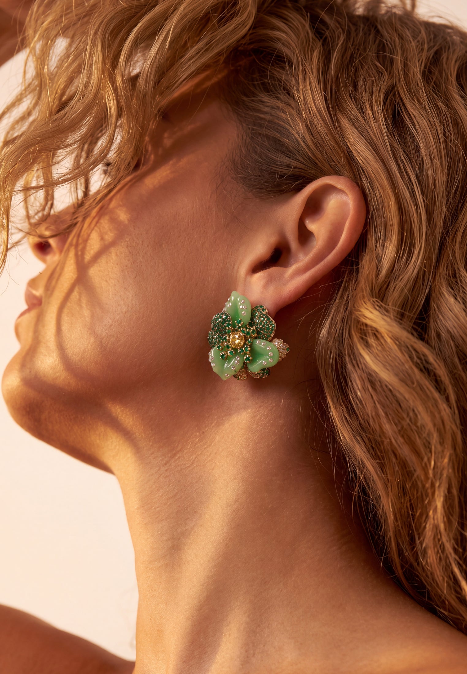 Jade Rose Flower Stud Earrings Gold
