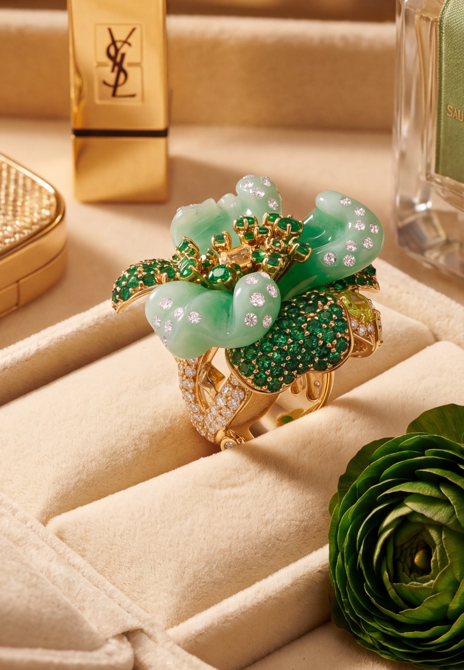 Jade Rose Flower Cocktail Ring Gold
