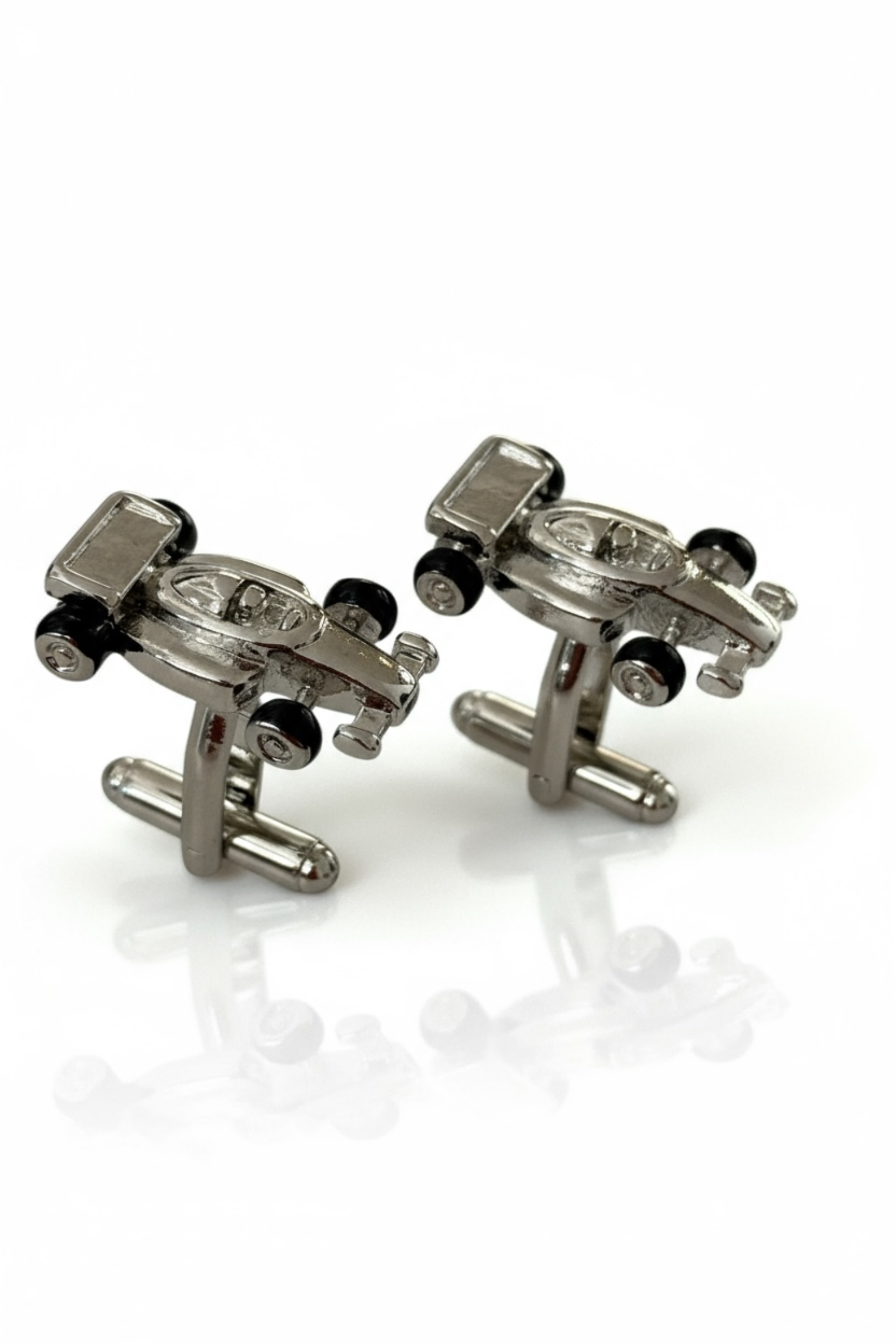 Silver racing car cufflinks.