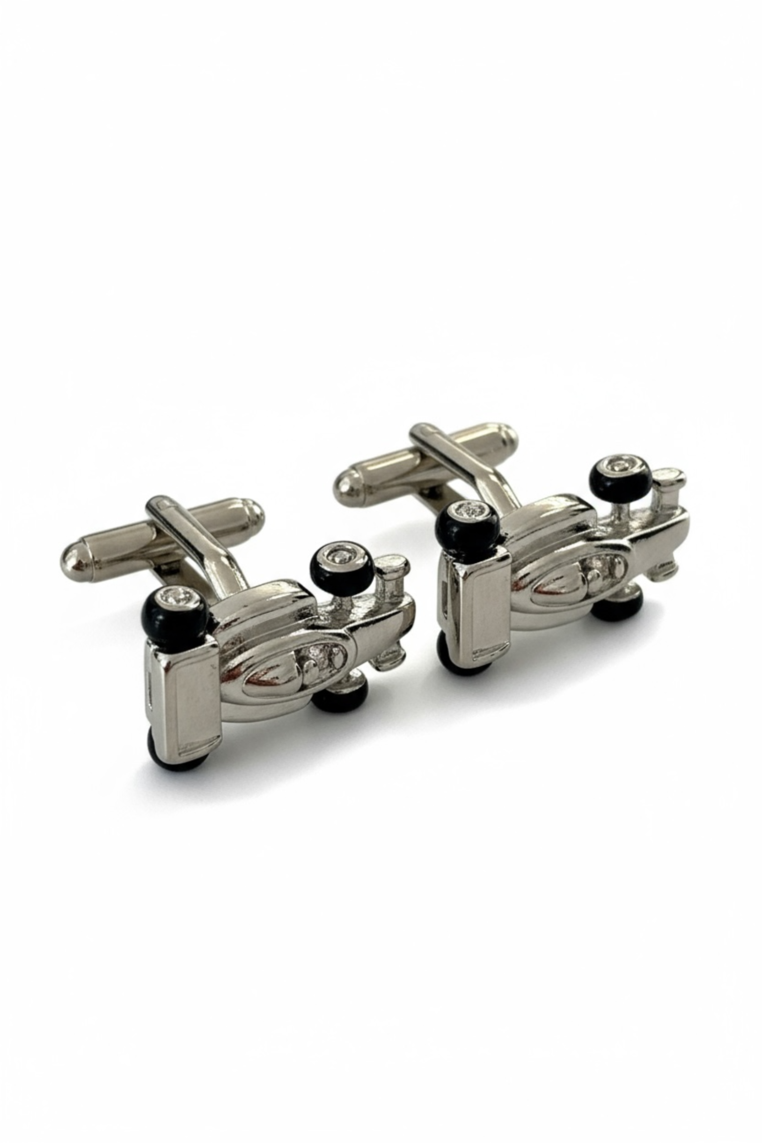 Silver racing car cufflinks.