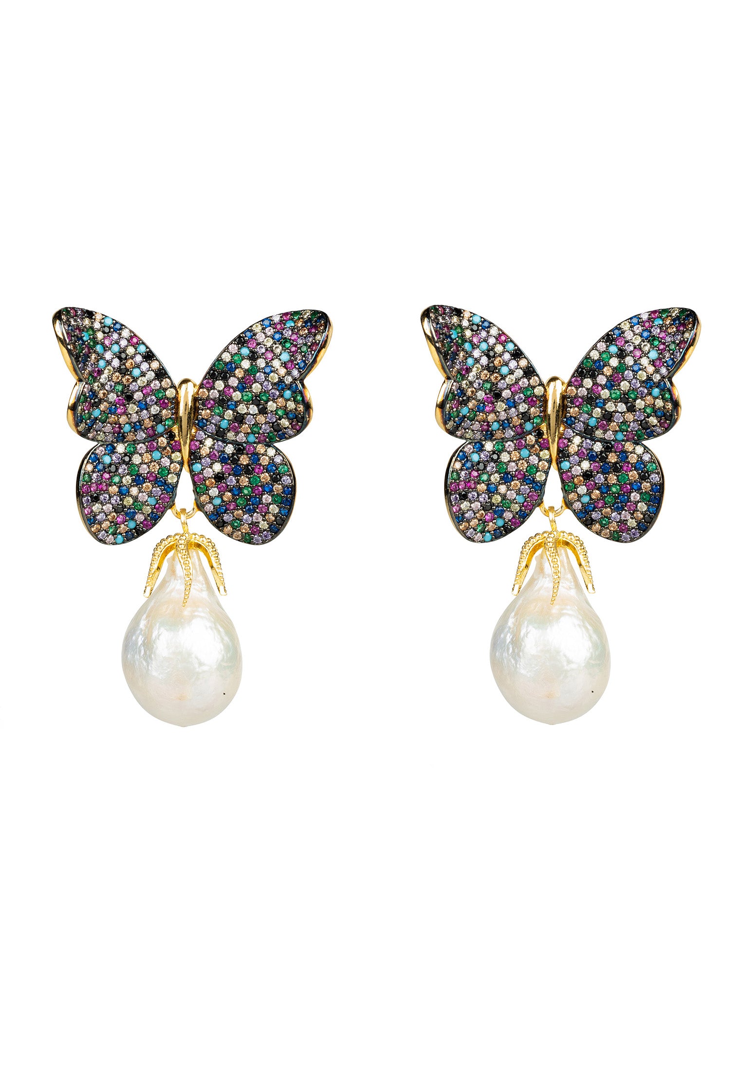 Butterfly Baroque Pearl Multicoloured CZ Earrings Gold