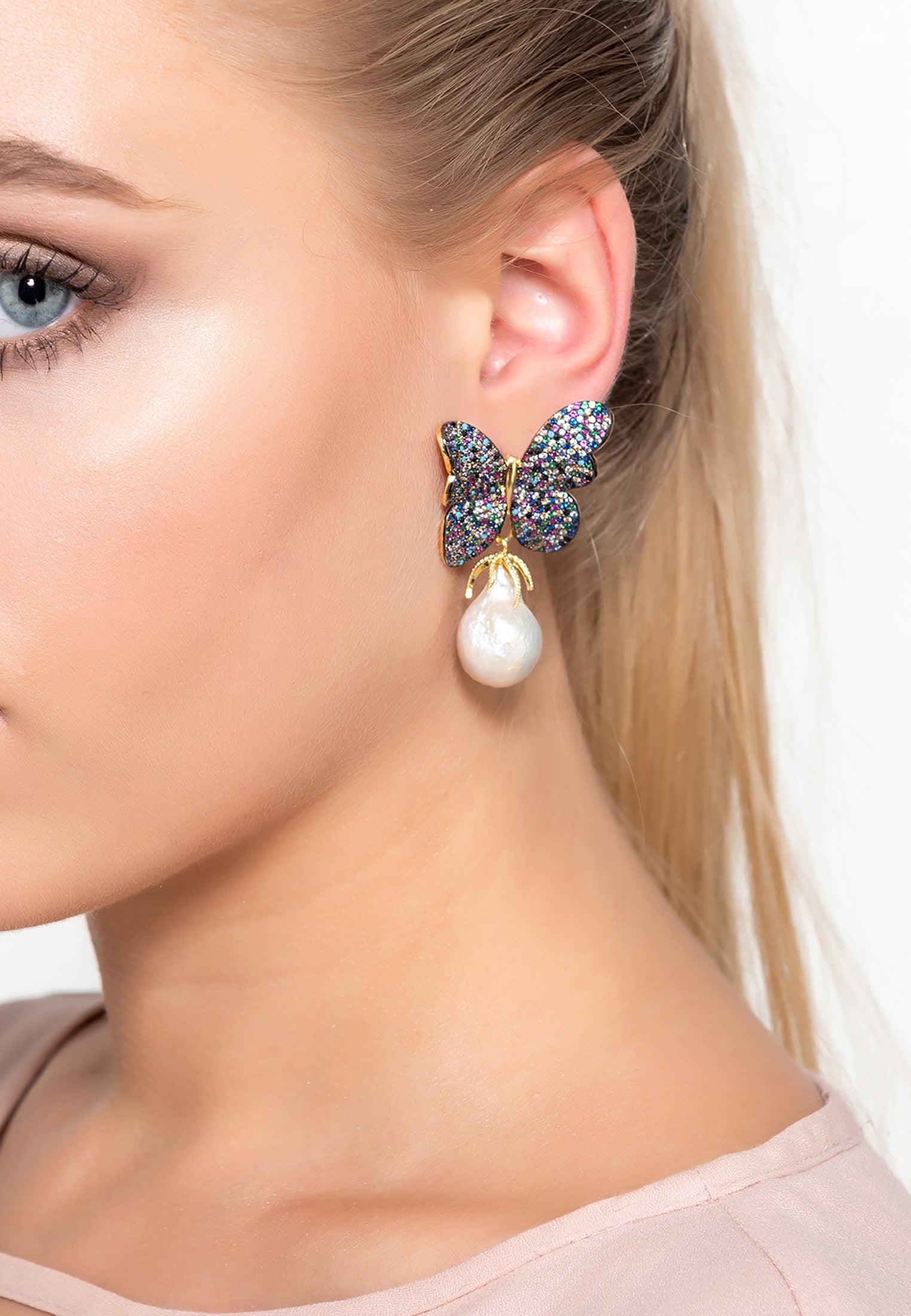 Butterfly Baroque Pearl Multicoloured CZ Earrings Gold