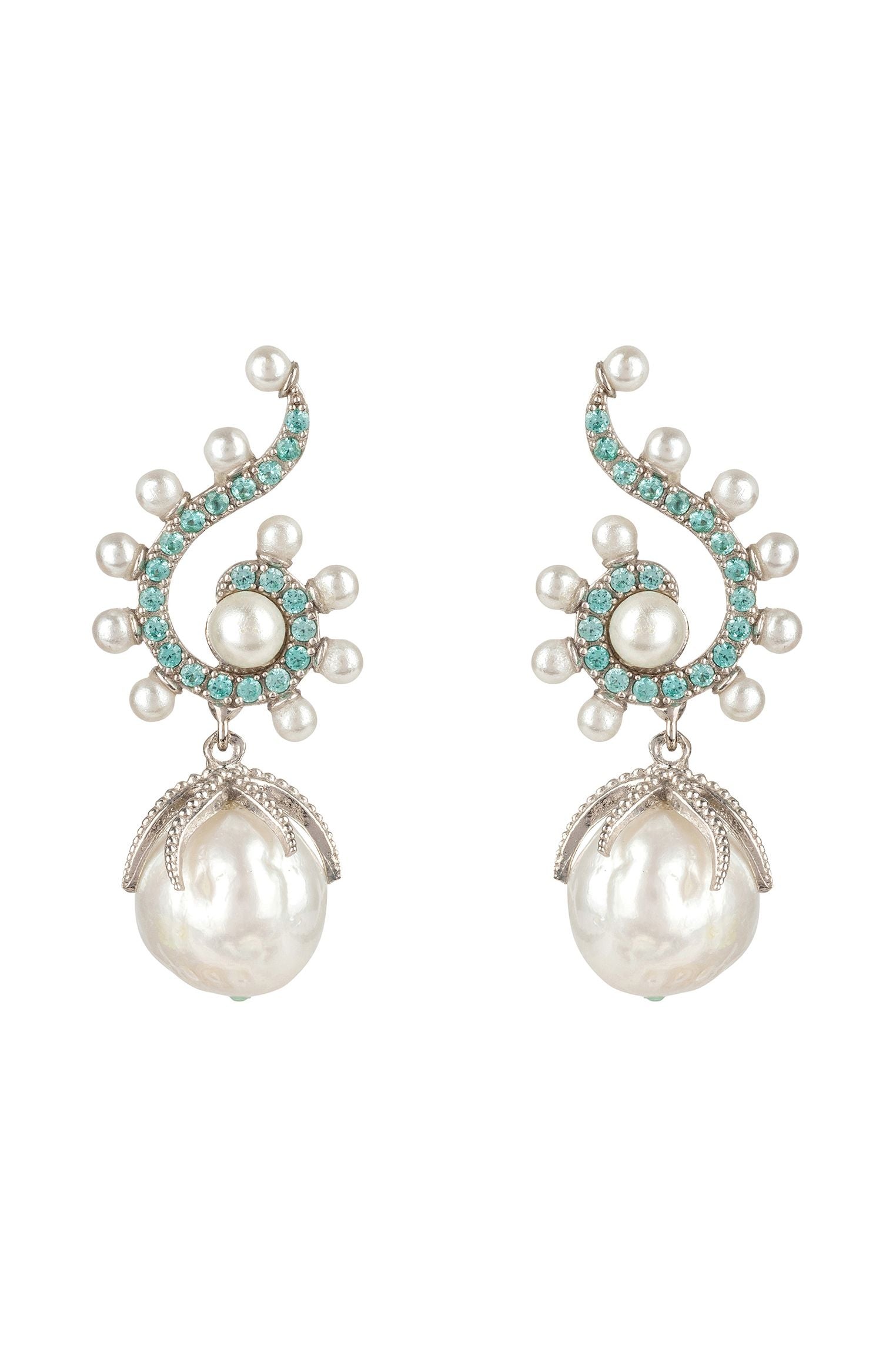 Baroque Pearl Poseidon Gemstone Drop Earrings Aqua Silver