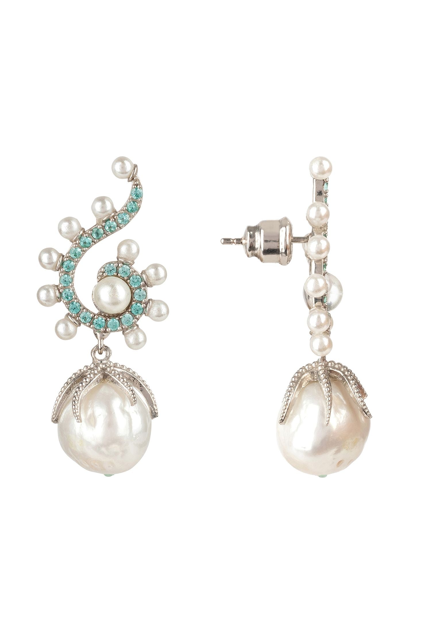 Pair of earrings with pearls and turquoise accents on a white background