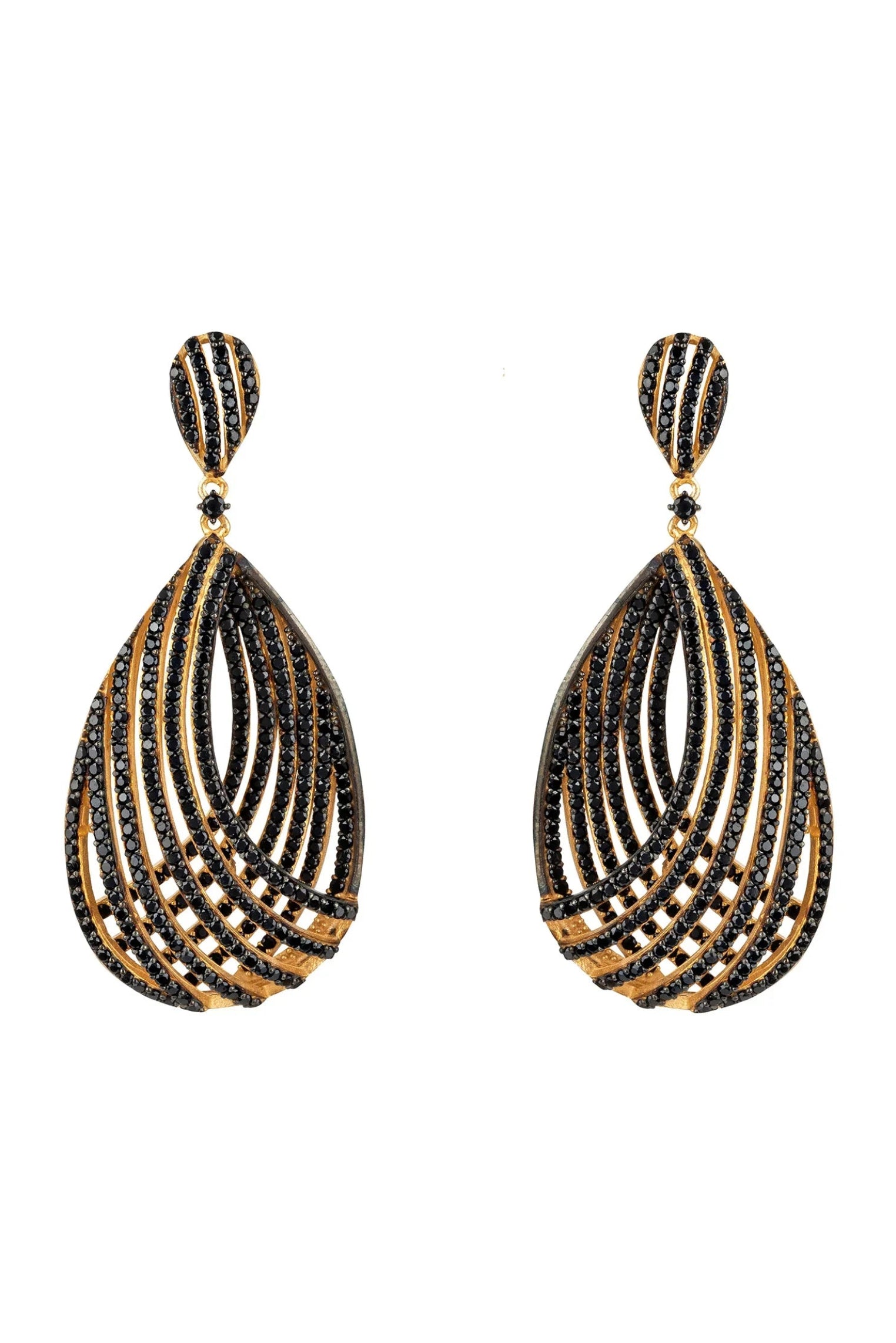 Gold and black teardrop earrings.