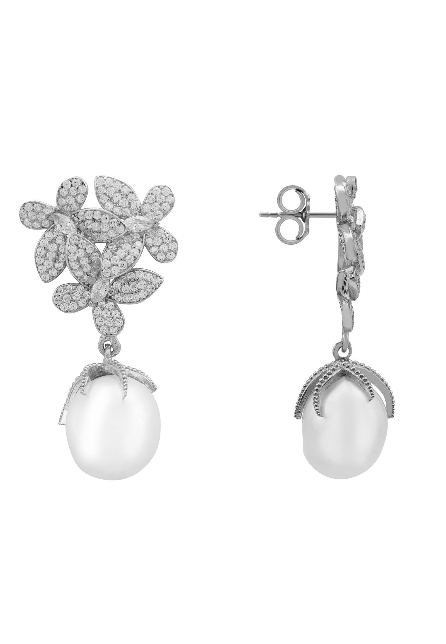 Blumen Barock Perlen Ohrringe Silber Weiß