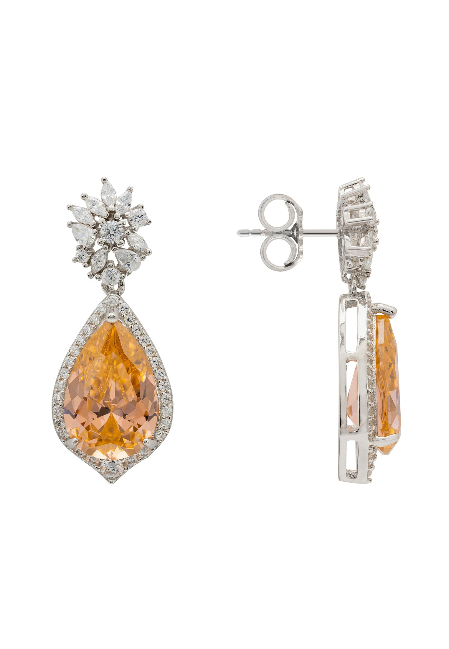 Olivia Teardrop Crystal Drop Earrings Peach Silver - LATELITA