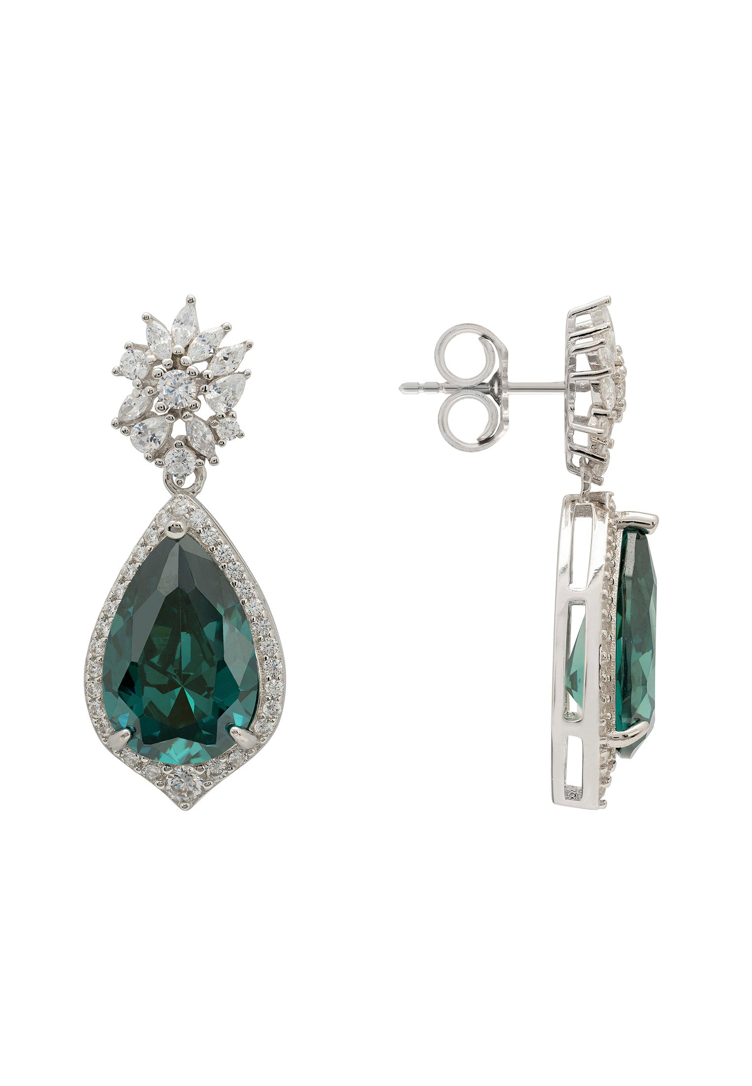 Olivia Teardrop Crystal Drop Earrings Emerald Green Silver - LATELITA