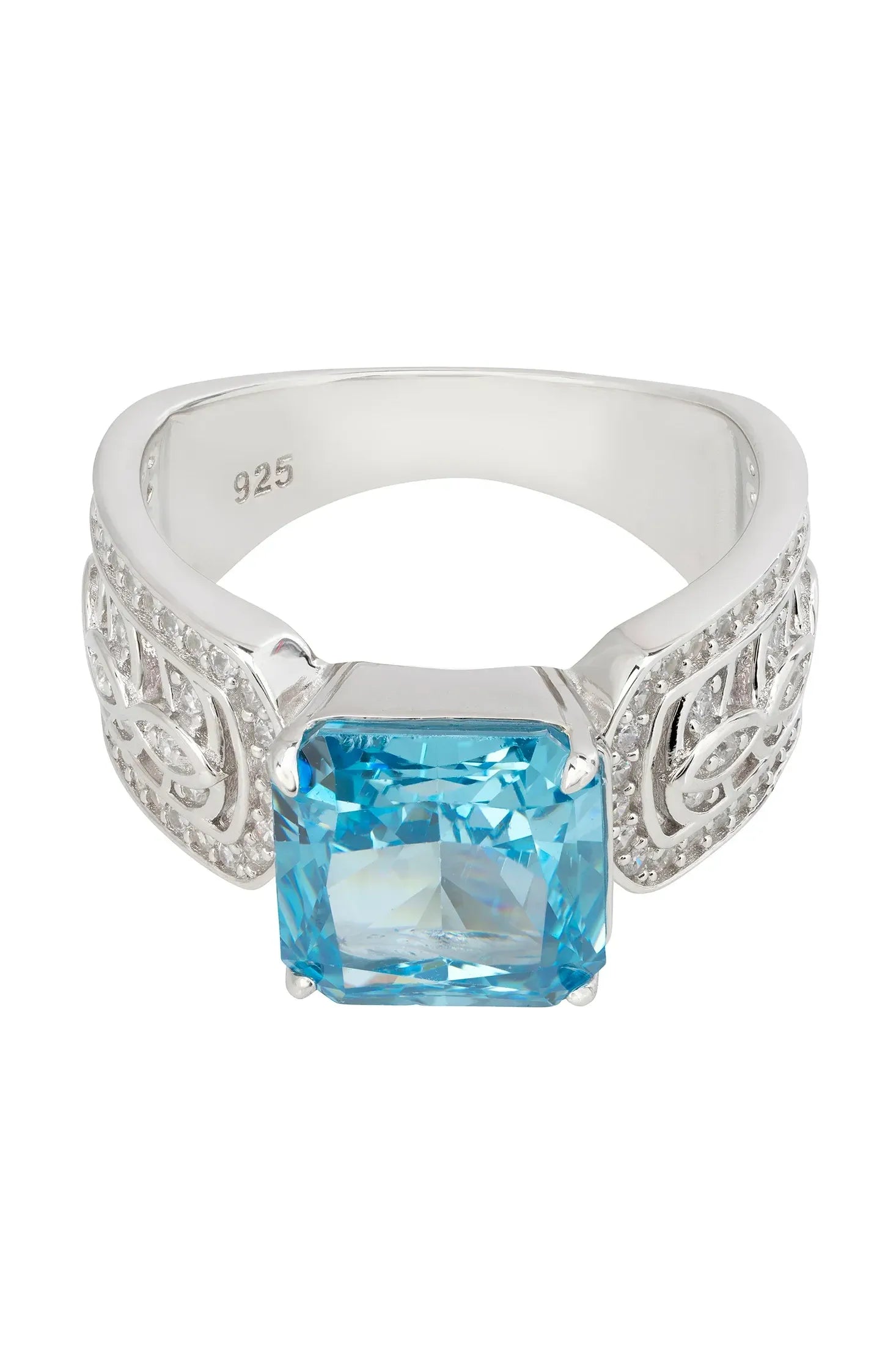 Blue gemstone engraved silver ring.