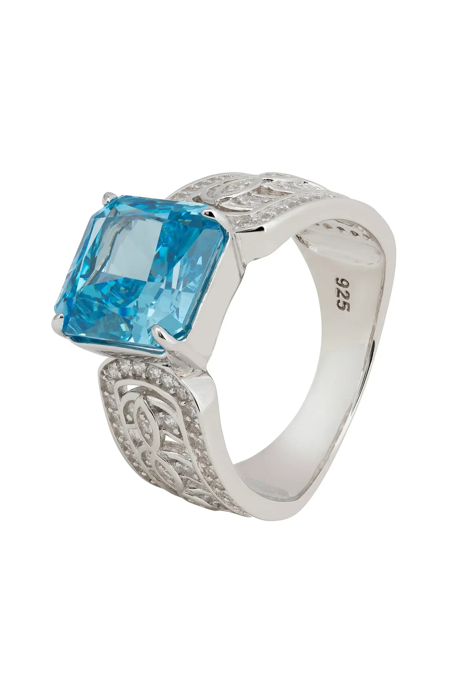 Blue gemstone engraved silver ring.