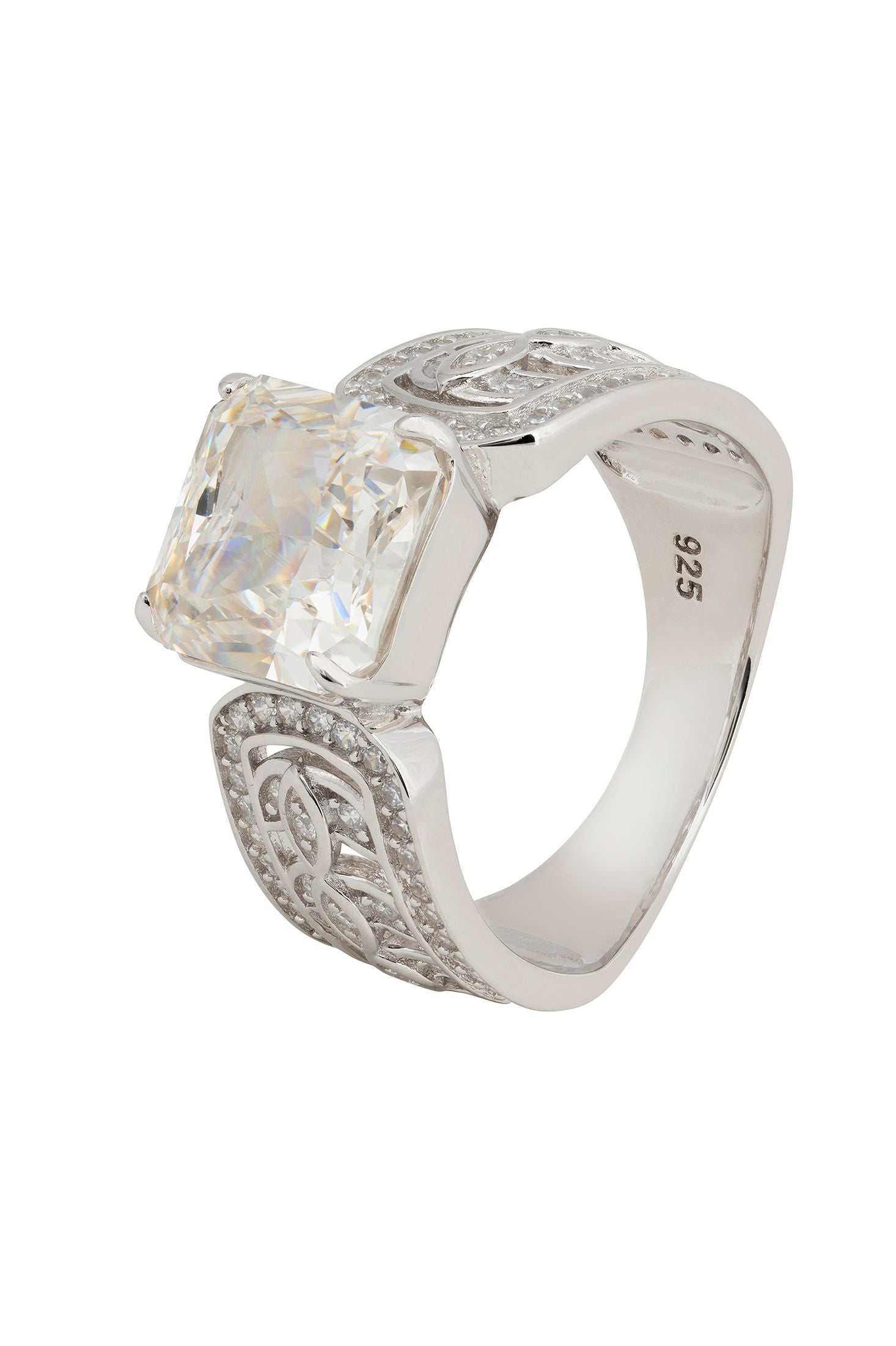 Moissanite engraved silver ring.