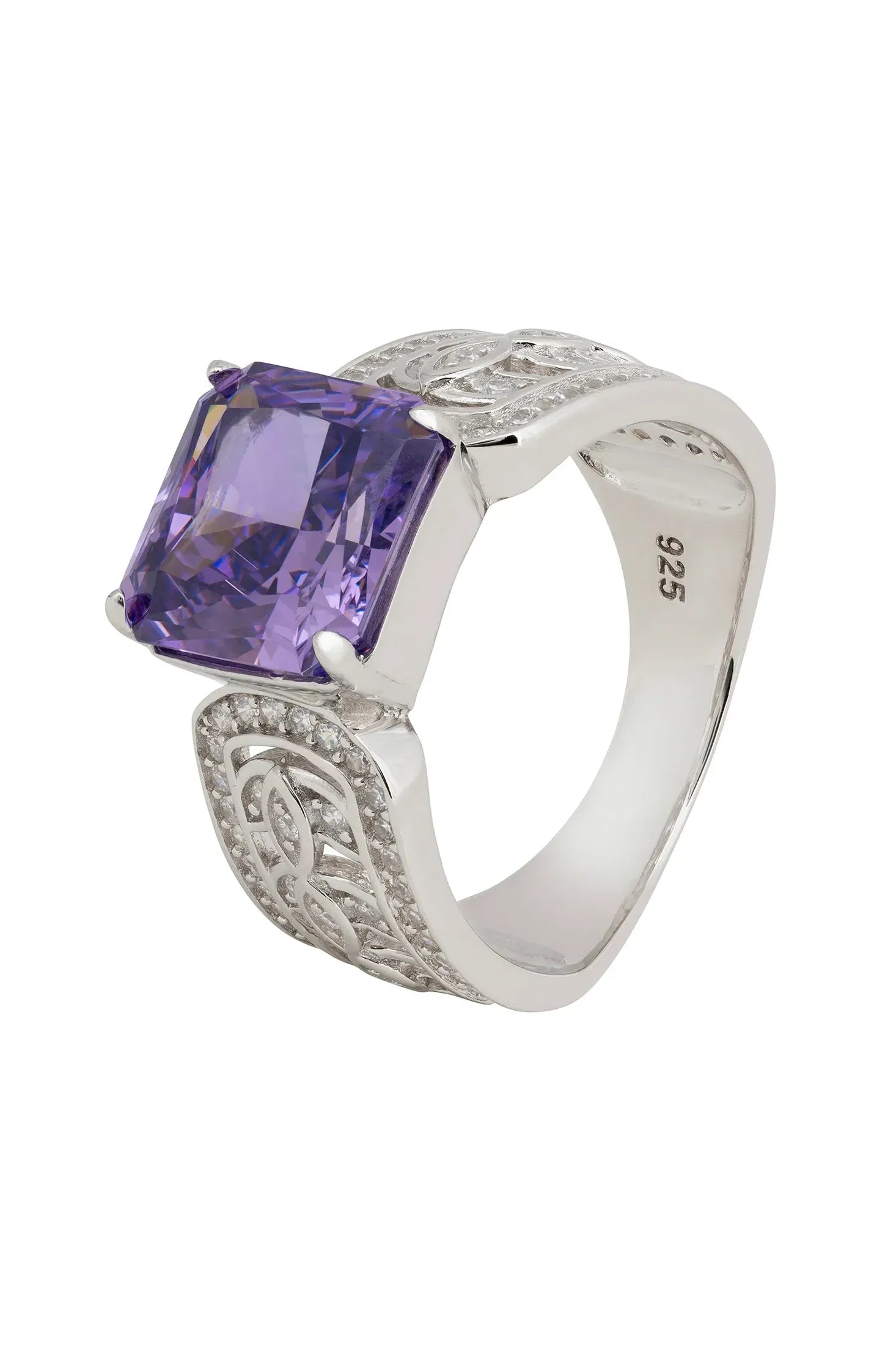 Amethyst engraved silver ring.