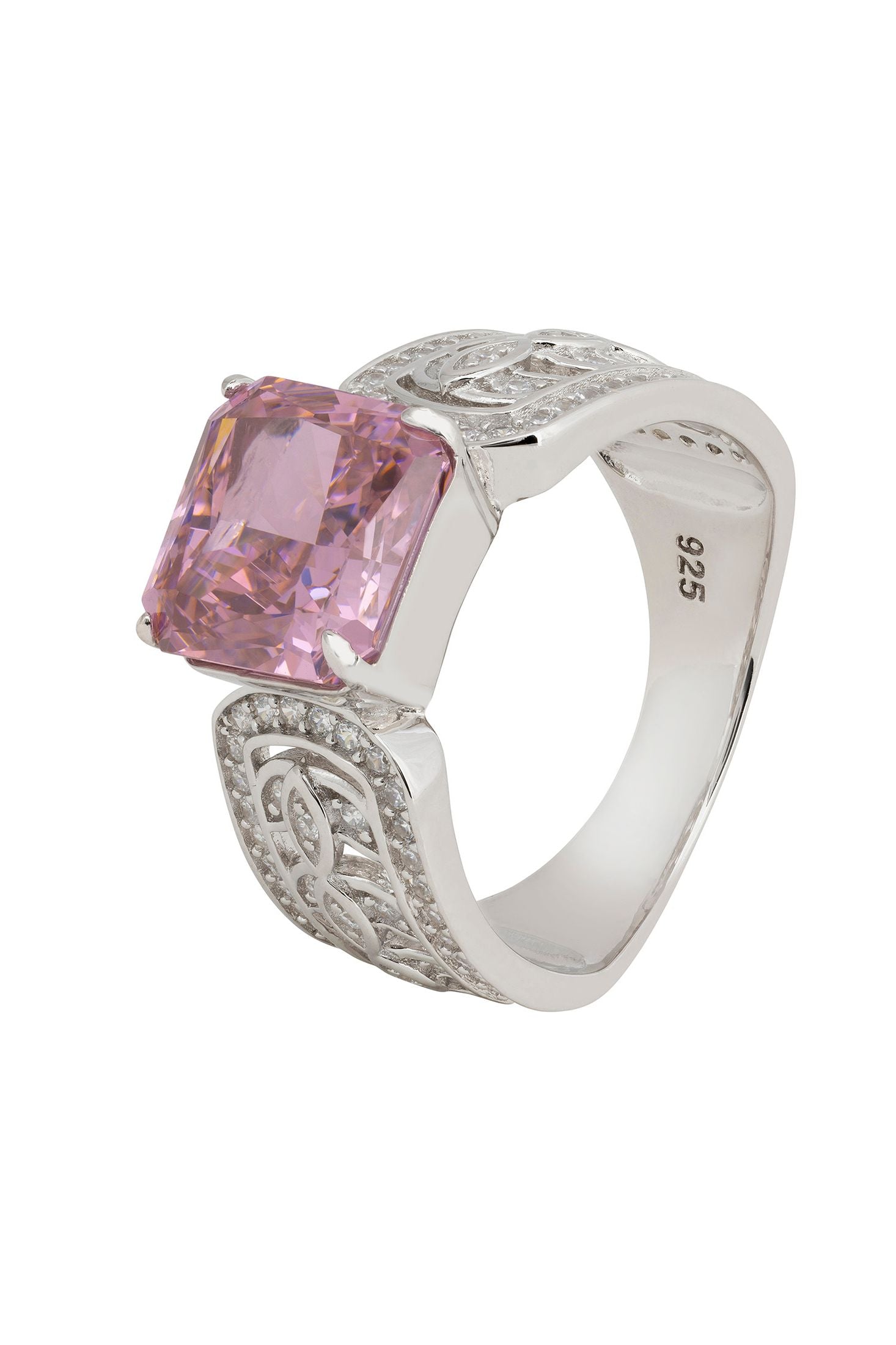Pink gemstone engraved silver ring.