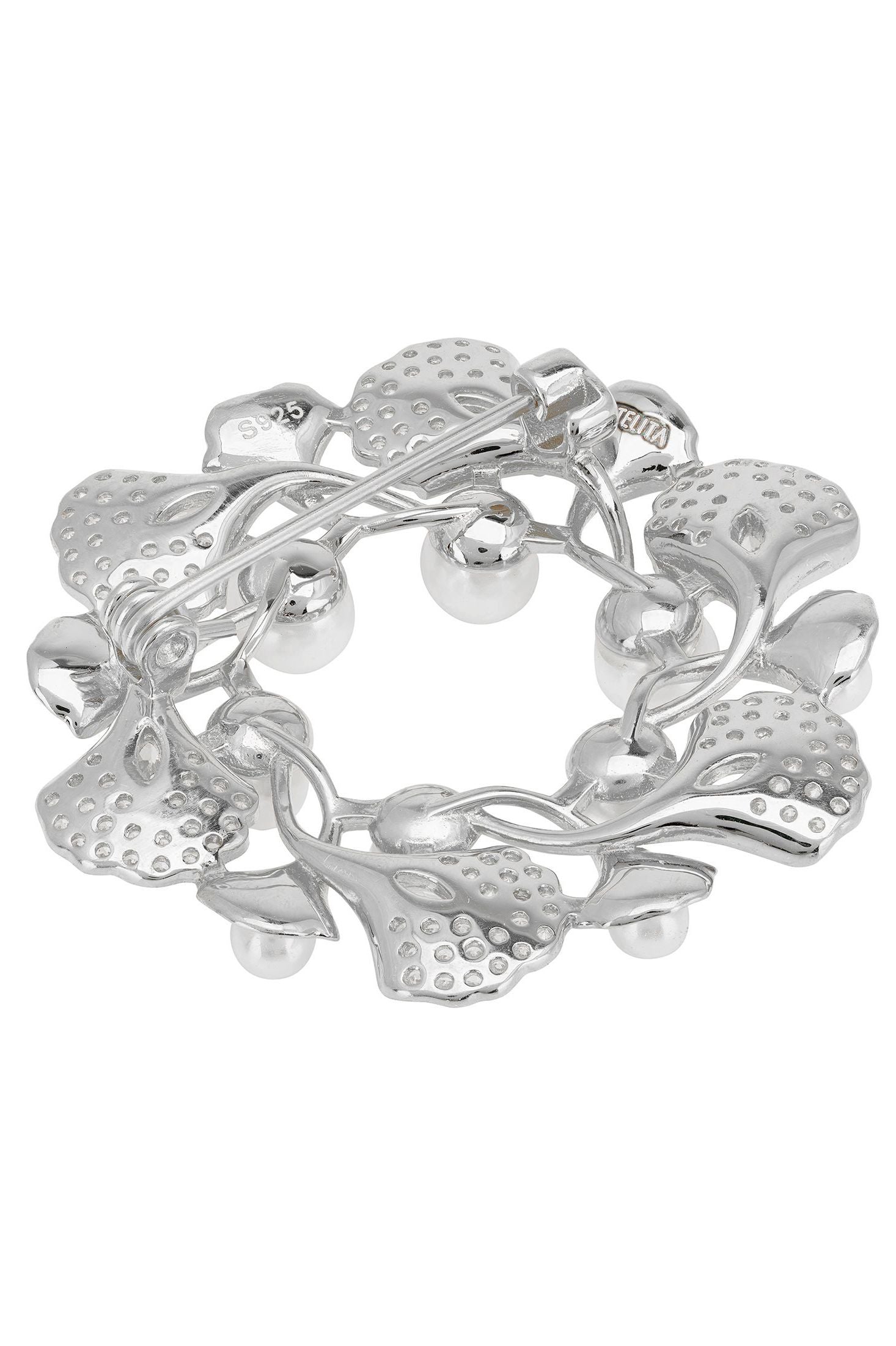 Angled view of Ginkgo Leaf And Pearl Wreath Brooch Silver, showing leaf design, pearl detailing, silver finish and the jewellery profile.