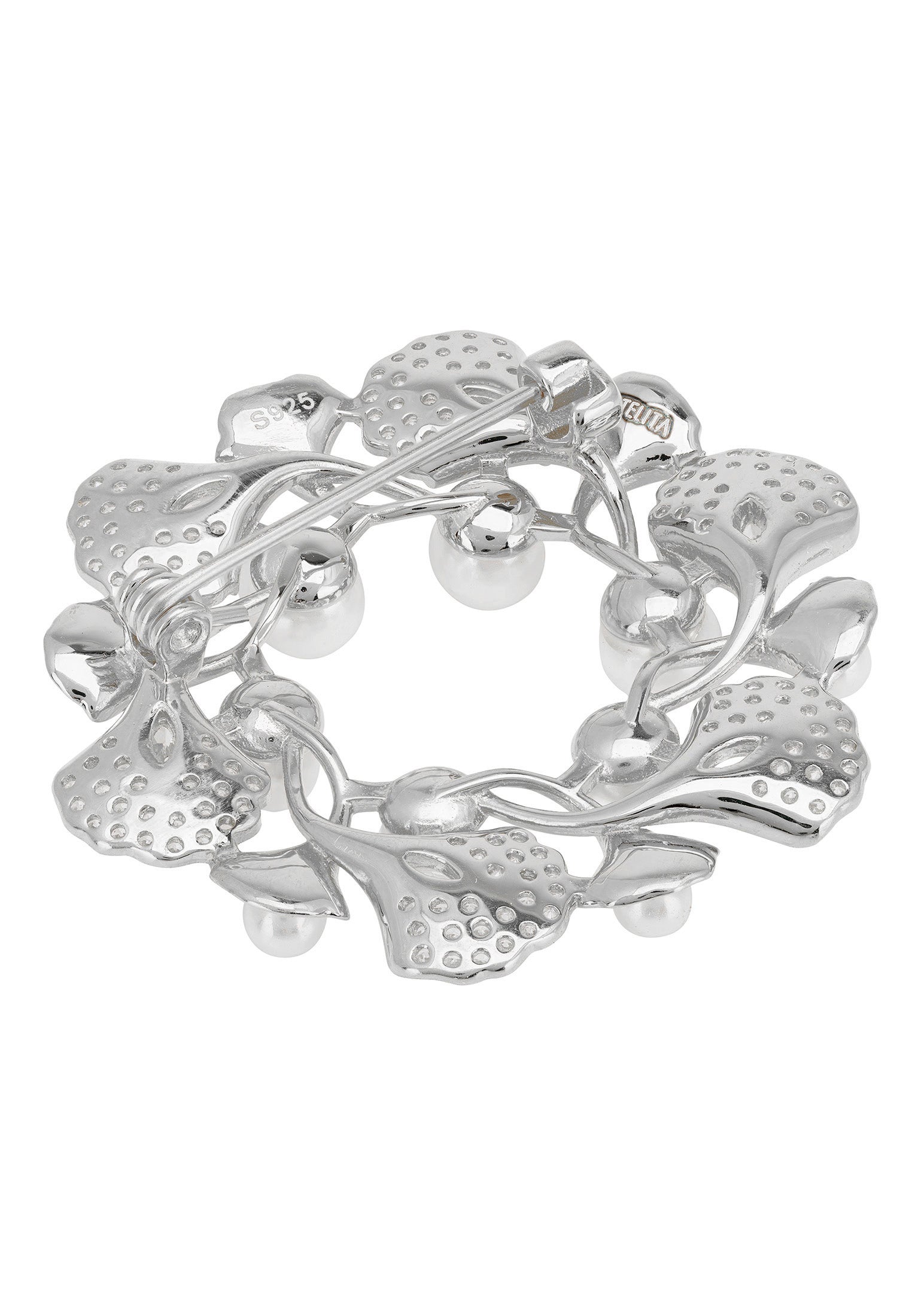 Ginkgo Leaf And Pearl Wreath Brooch Silver