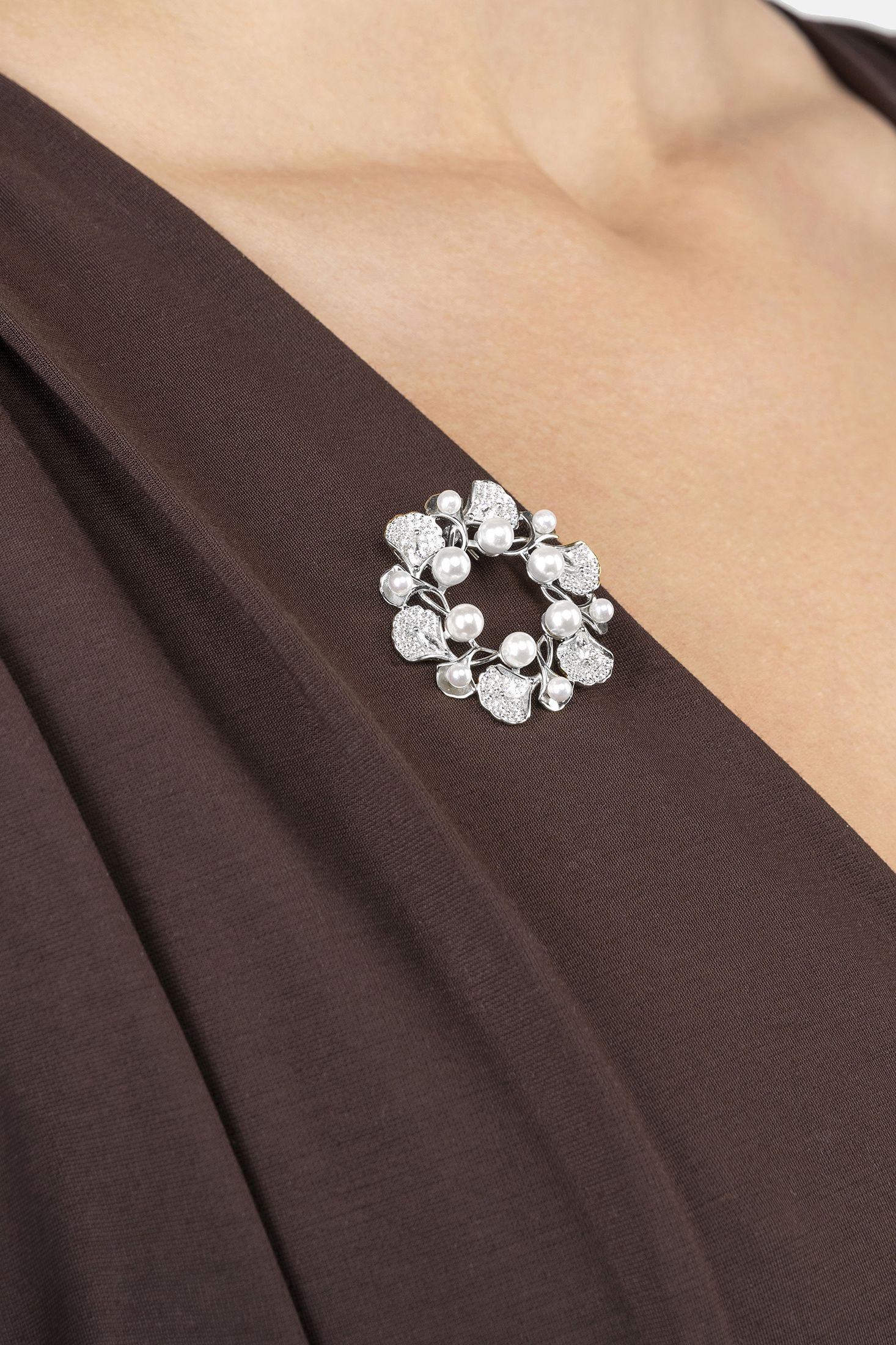 Close-up of Ginkgo Leaf And Pearl Wreath Brooch Silver, highlighting leaf design, pearl detailing, silver finish.