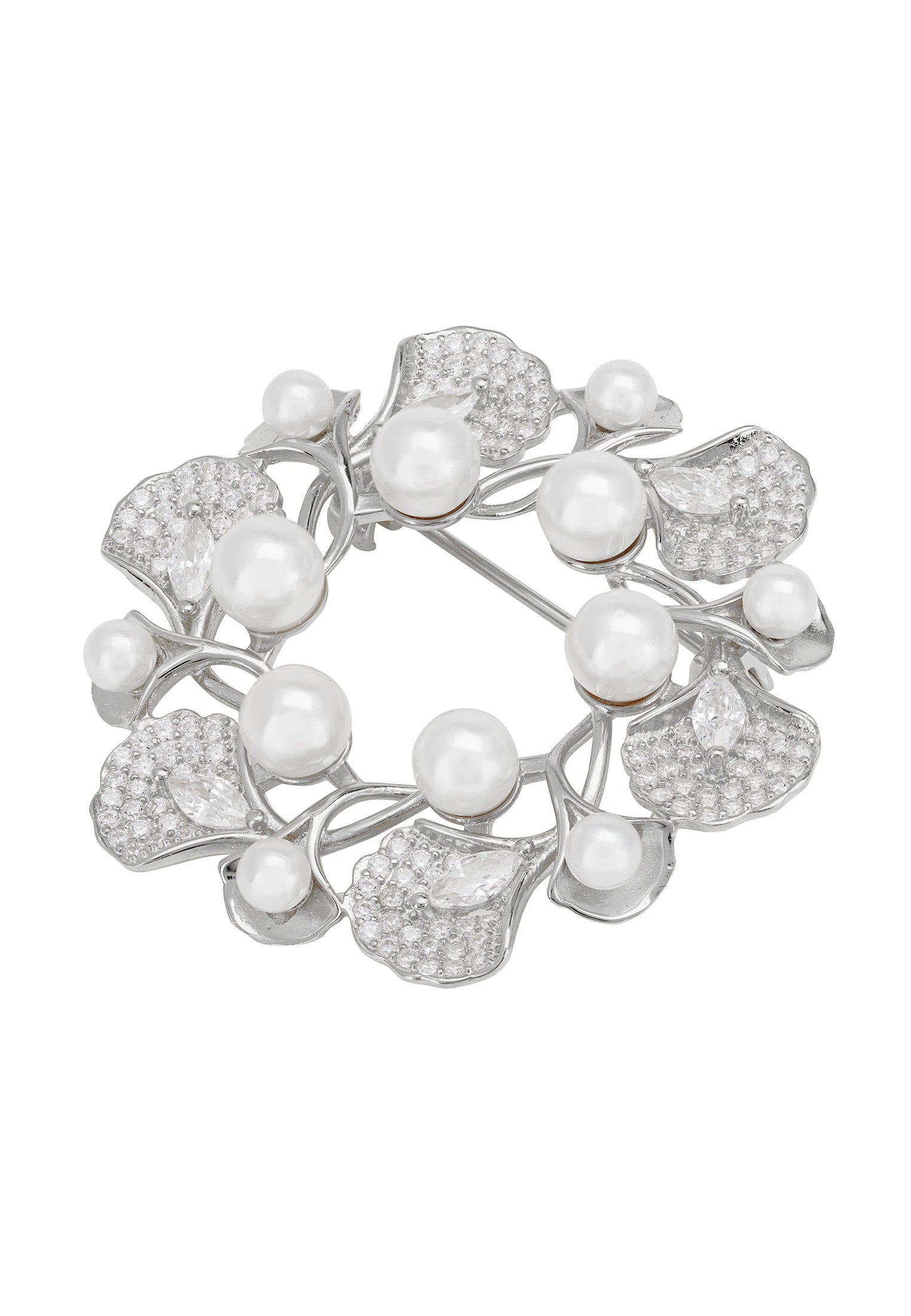Ginkgo Leaf And Pearl Wreath Brooch Silver
