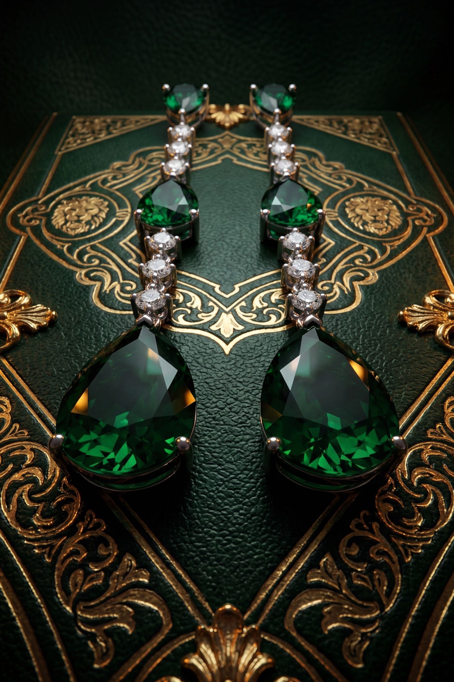 Close-up of Elizabeth Drop Earrings Emerald Silver, highlighting emerald detailing, silver finish.