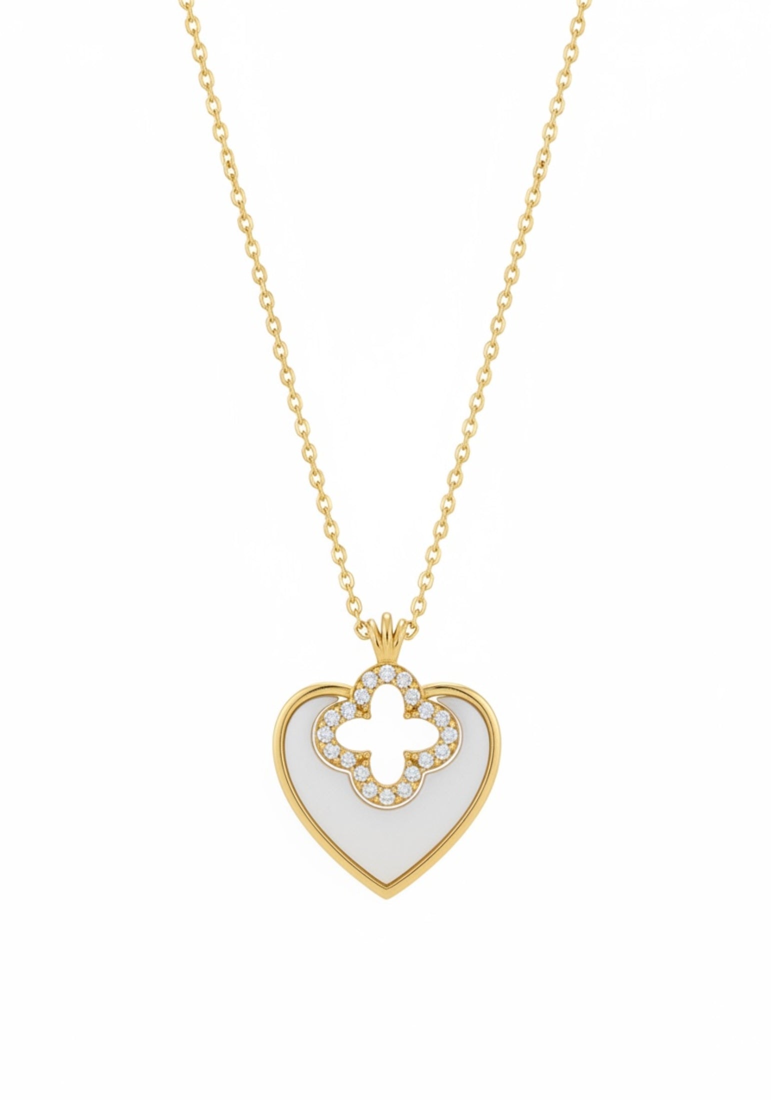 Gold necklace with a heart-shaped pendant on a white background