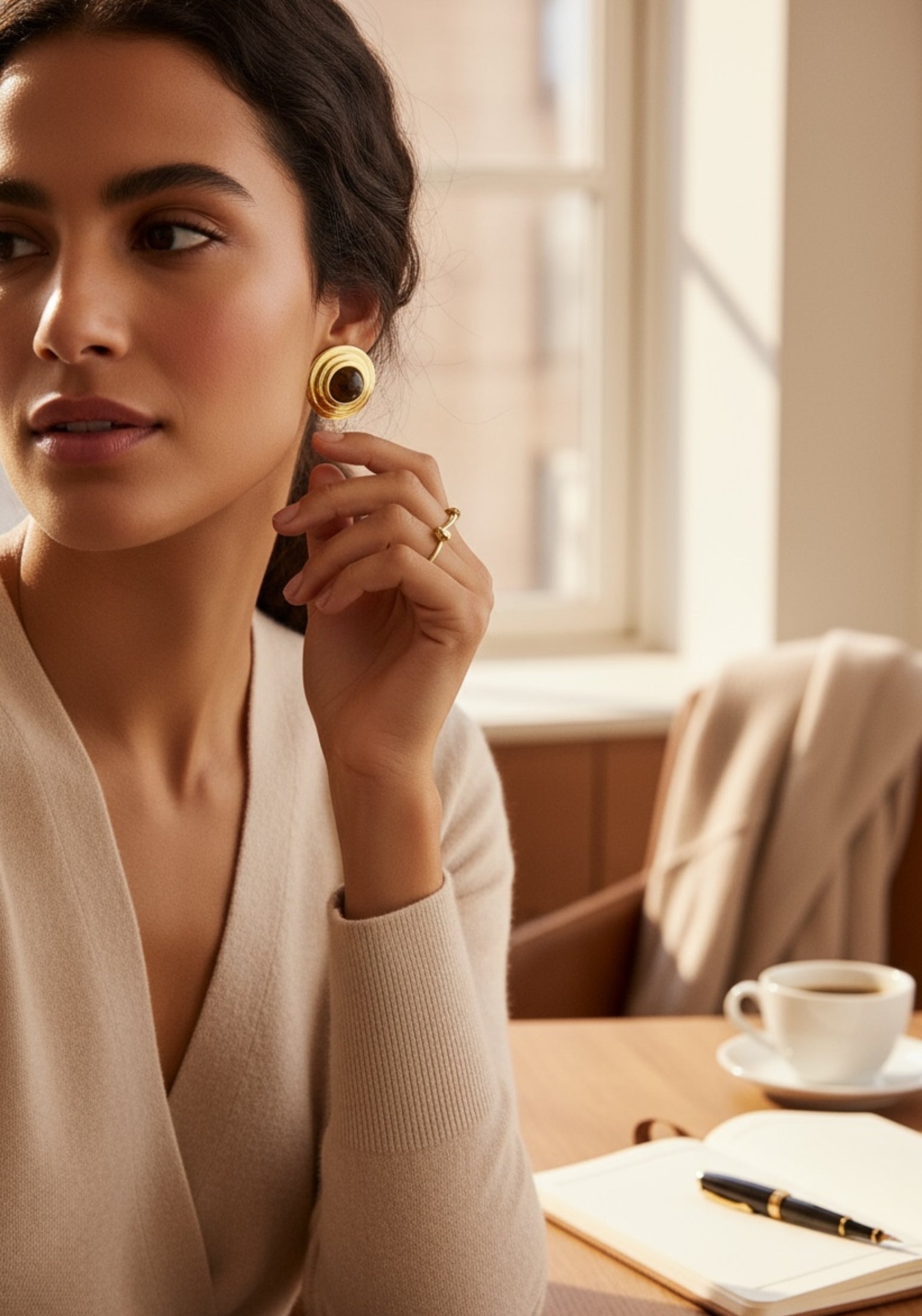 The earring worn by a model.